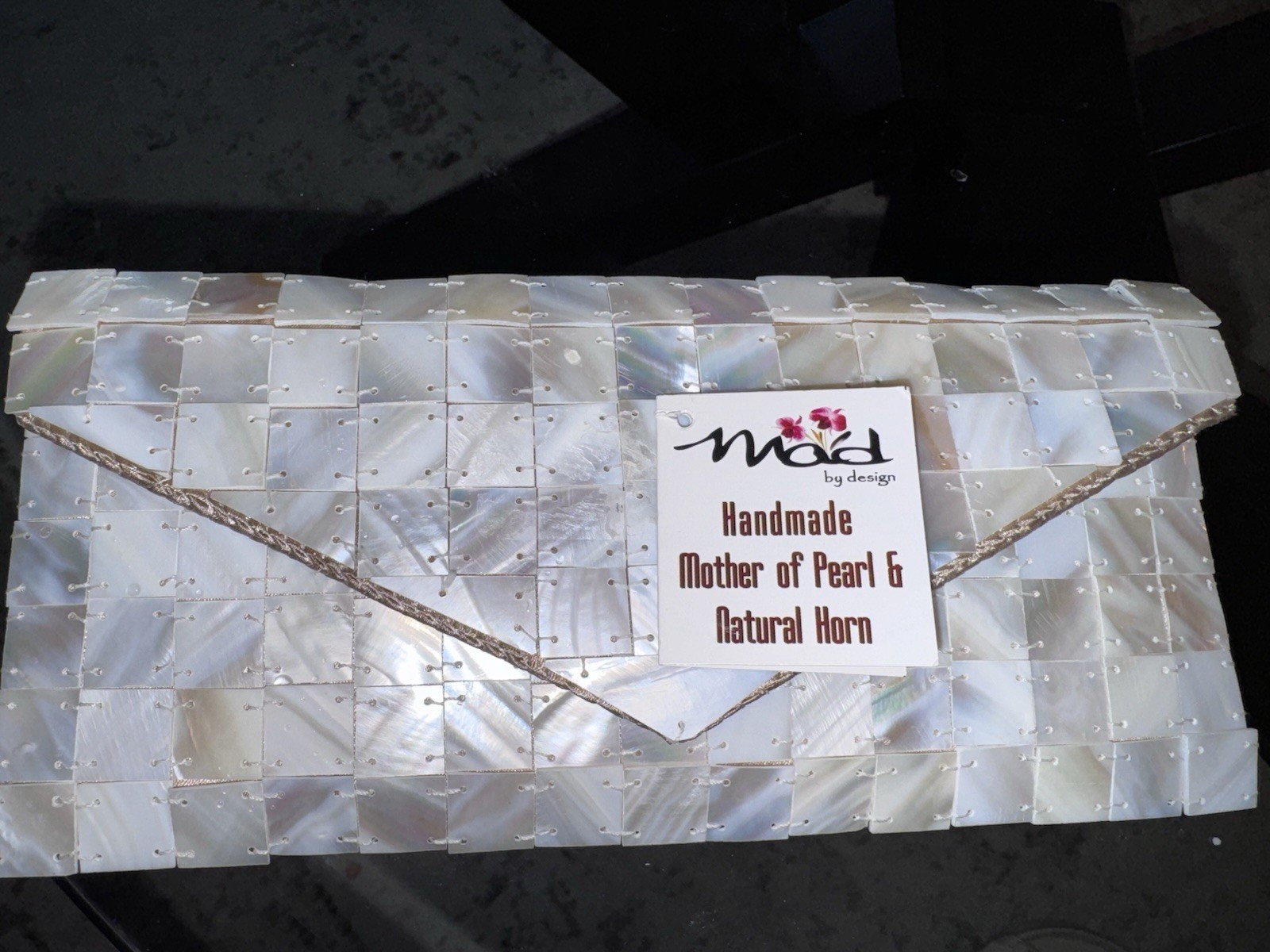 mod by design Handmade Beaded Mother of Pearl & Horn White Chain Clutch