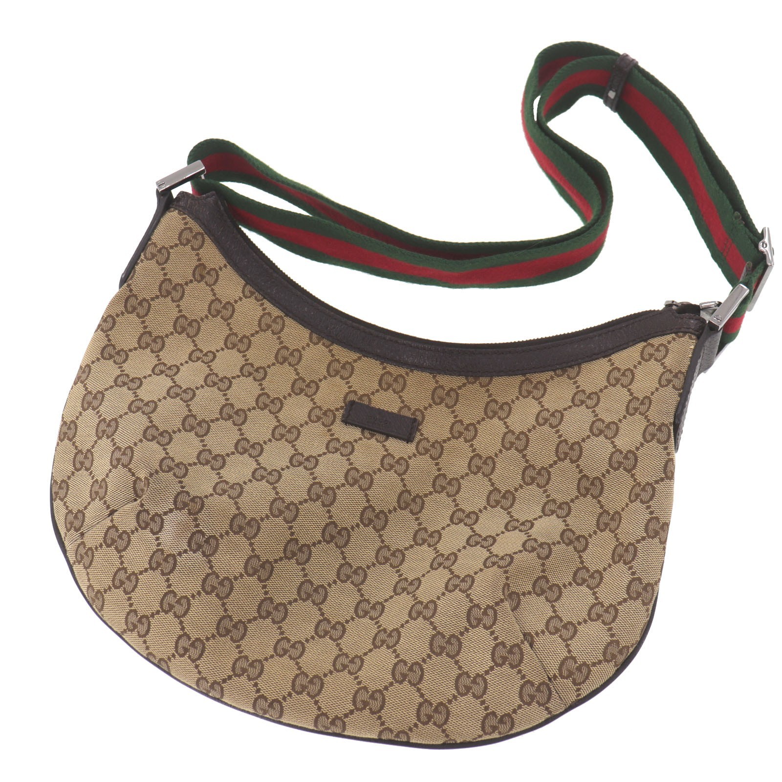 GUCCI GG Canvas Sherry Line Crescent Shoulderbag Beige Brown Web Stripe #EM315 H
