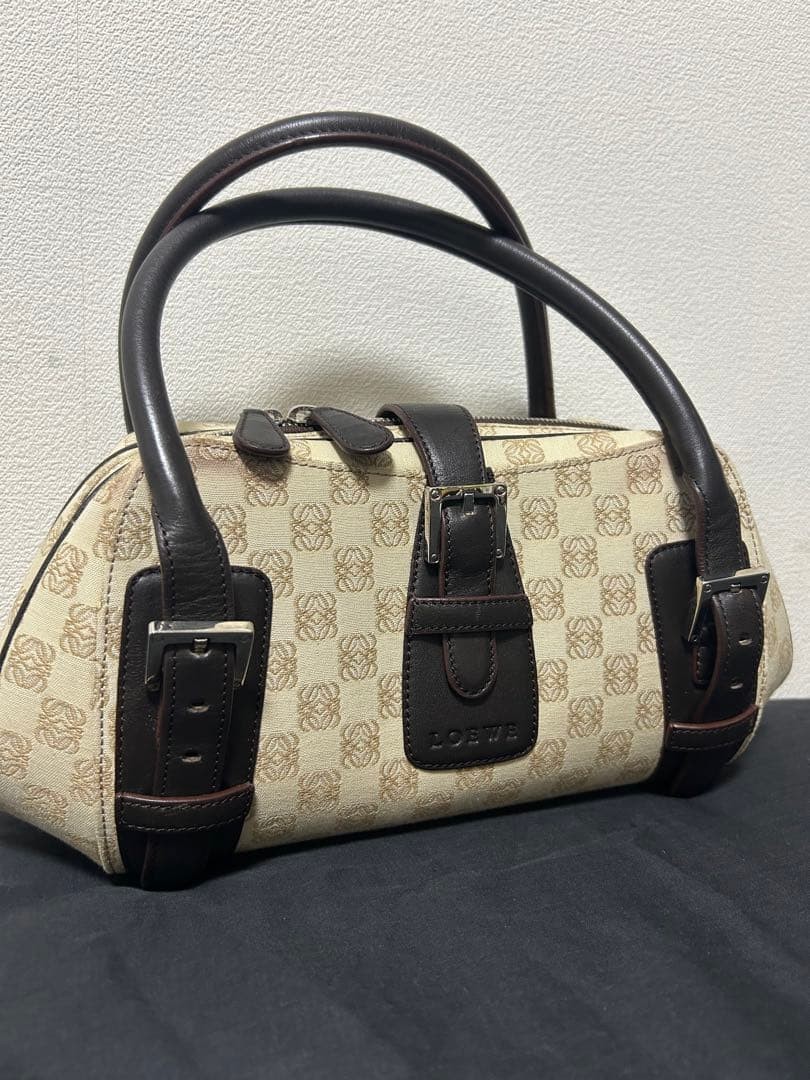 LOEWE Senda Anagram Monogram Handbag Canvas Leather Beige Brown H6.3in W9.8in