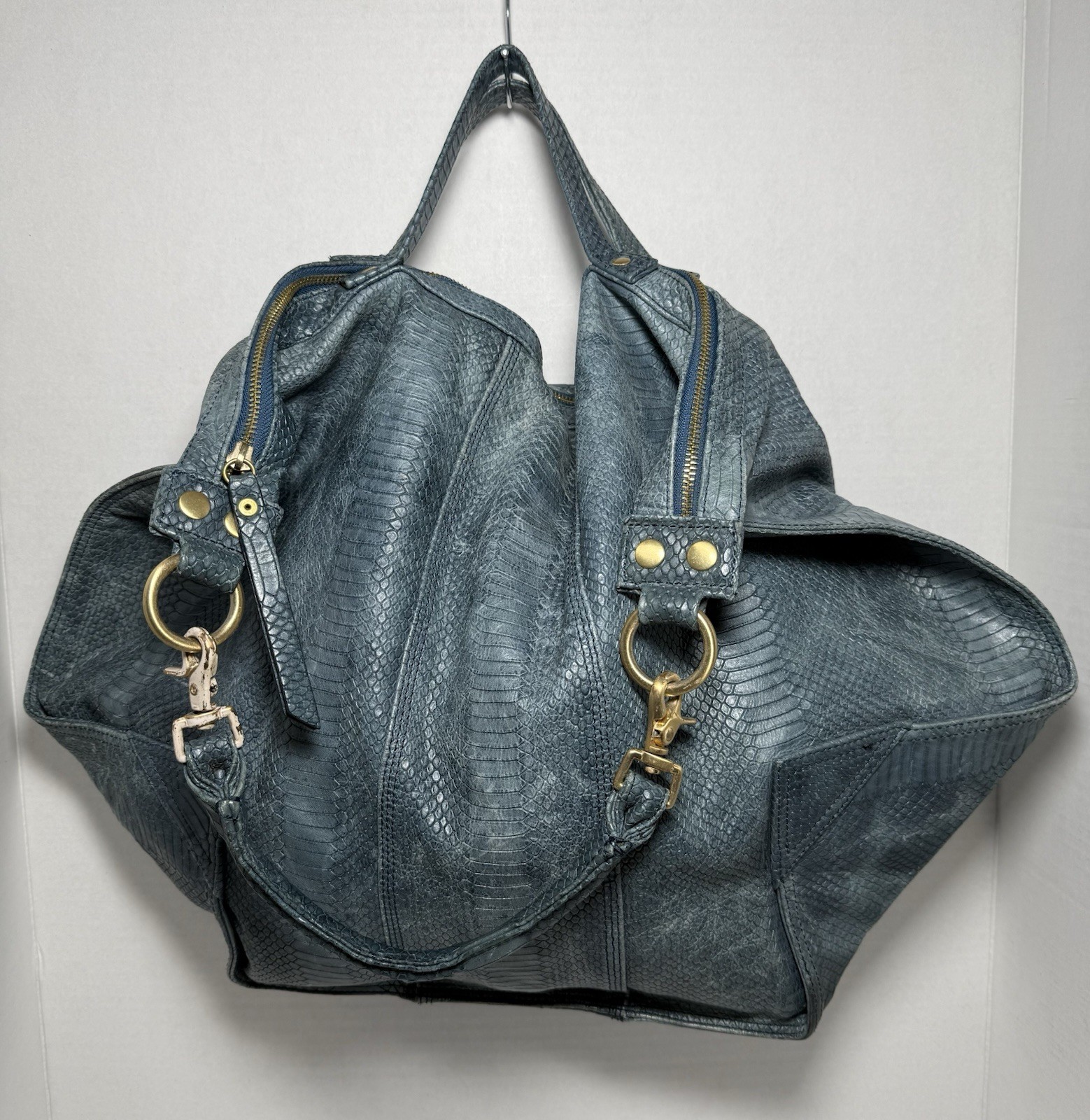 Cynthia Vincent Blue snakeSkin Embossed Leather Oversized Tote shoulder Bag