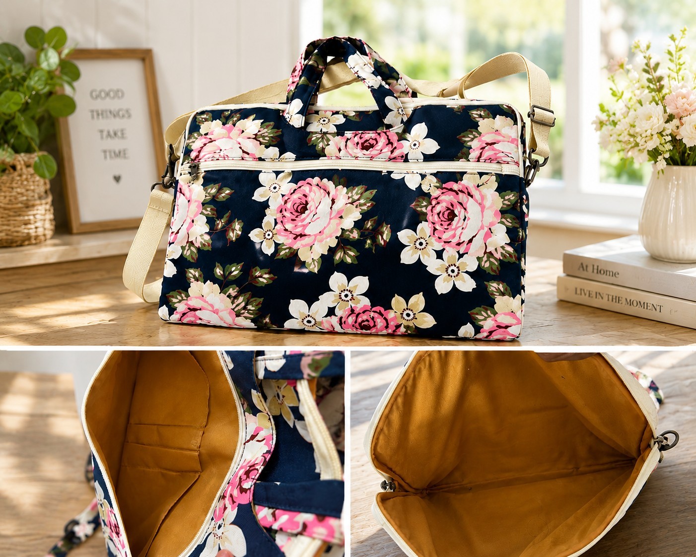 Floral Print Women’s Shoulder Bag Zip Closure Adjustable Strap Pockets