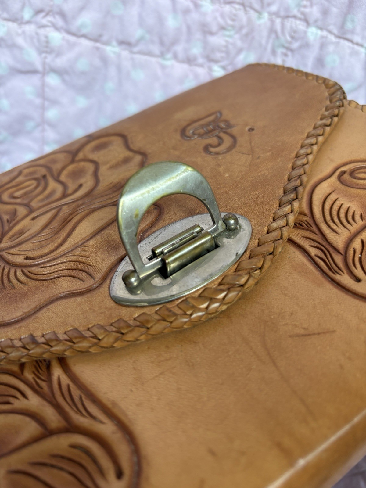 Vintage tooled leather floral embossed handbag
