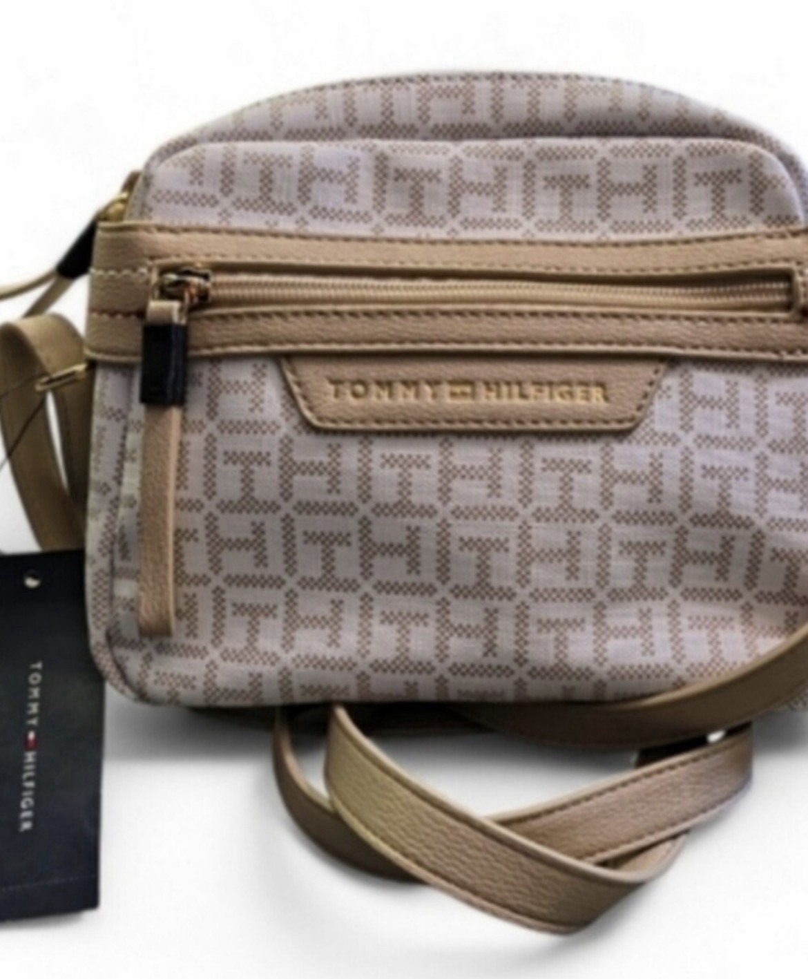 NWT Tommy Hilfiger Beige Tan TH Monogram Crossbody Bag Purse Camera Style