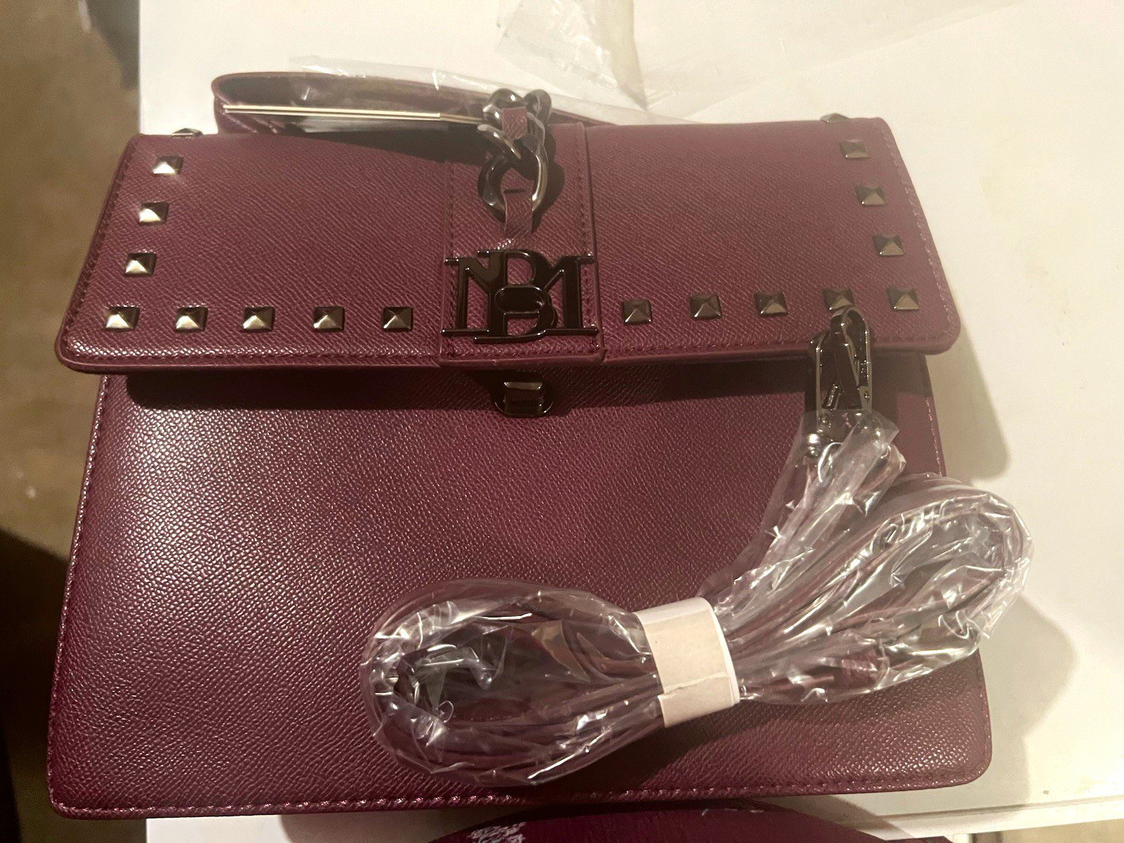 Badgley Mischka Plum Studded Top Handle Satchel, Turn Lock, Detachable Strap