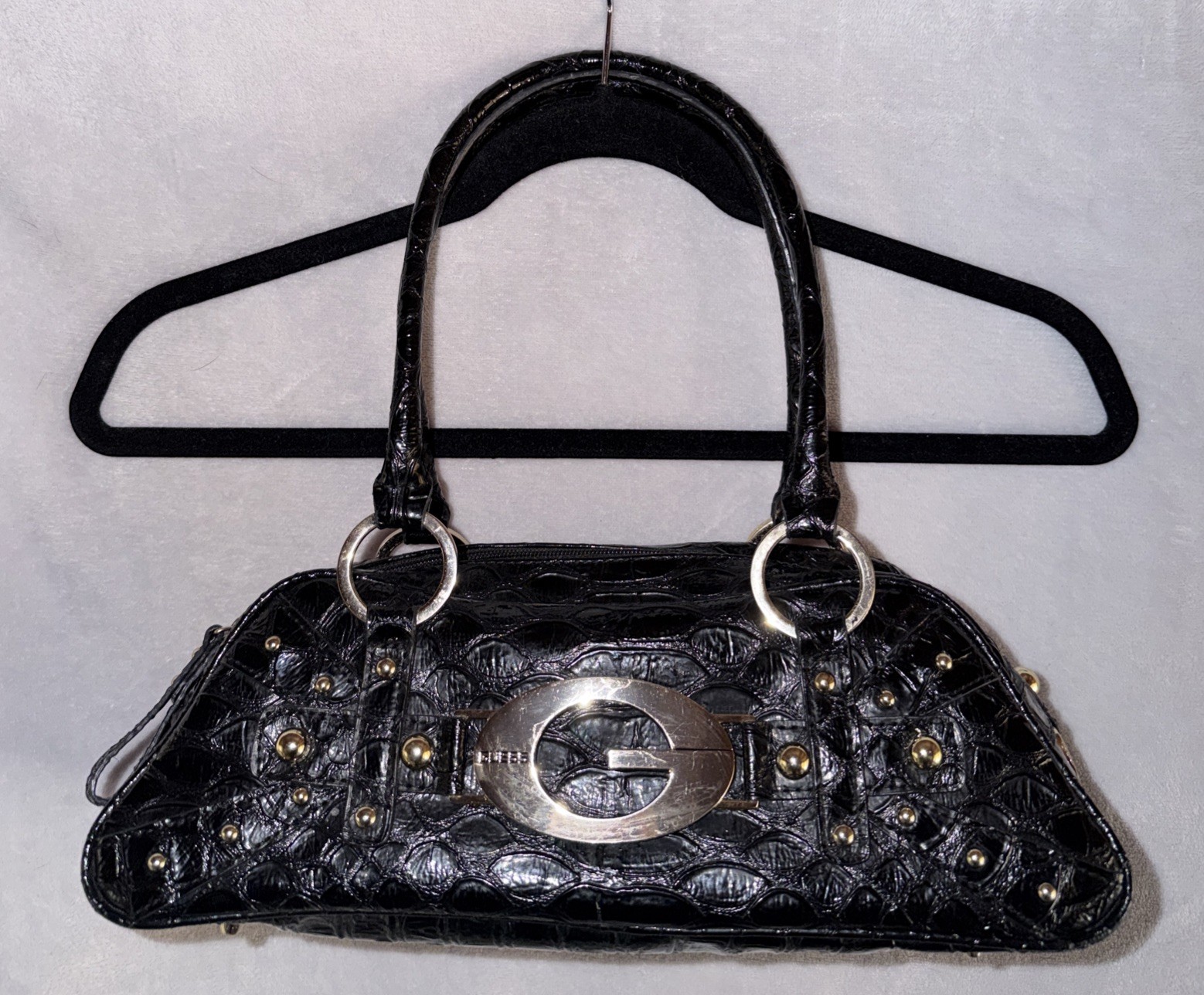 Y2K Guess Black Croc Embossed Studded Shoulder Bag Large G Logo 2000s Purse