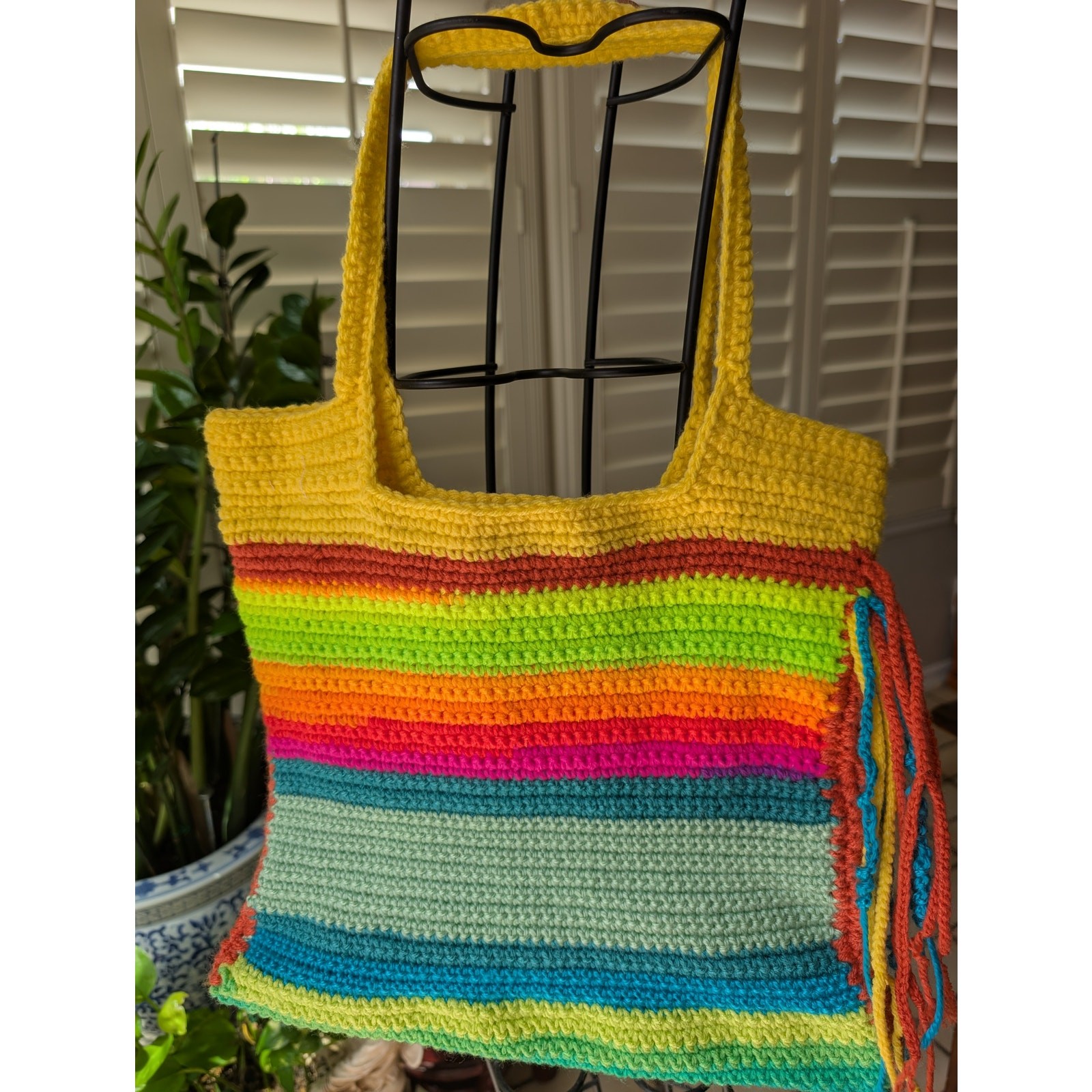 Handmade Crochet Knit Shoulder Tote Lined Bag Yellow Green Acrylic Cotton Blend