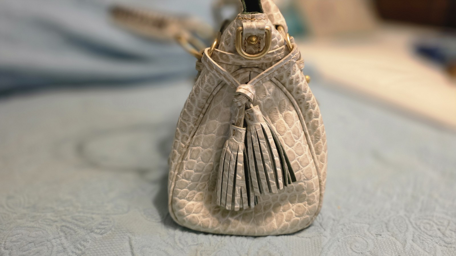 Dooney & Bourke Beige Satchel Top Handle Zip Gold Hardware Tassel Strap