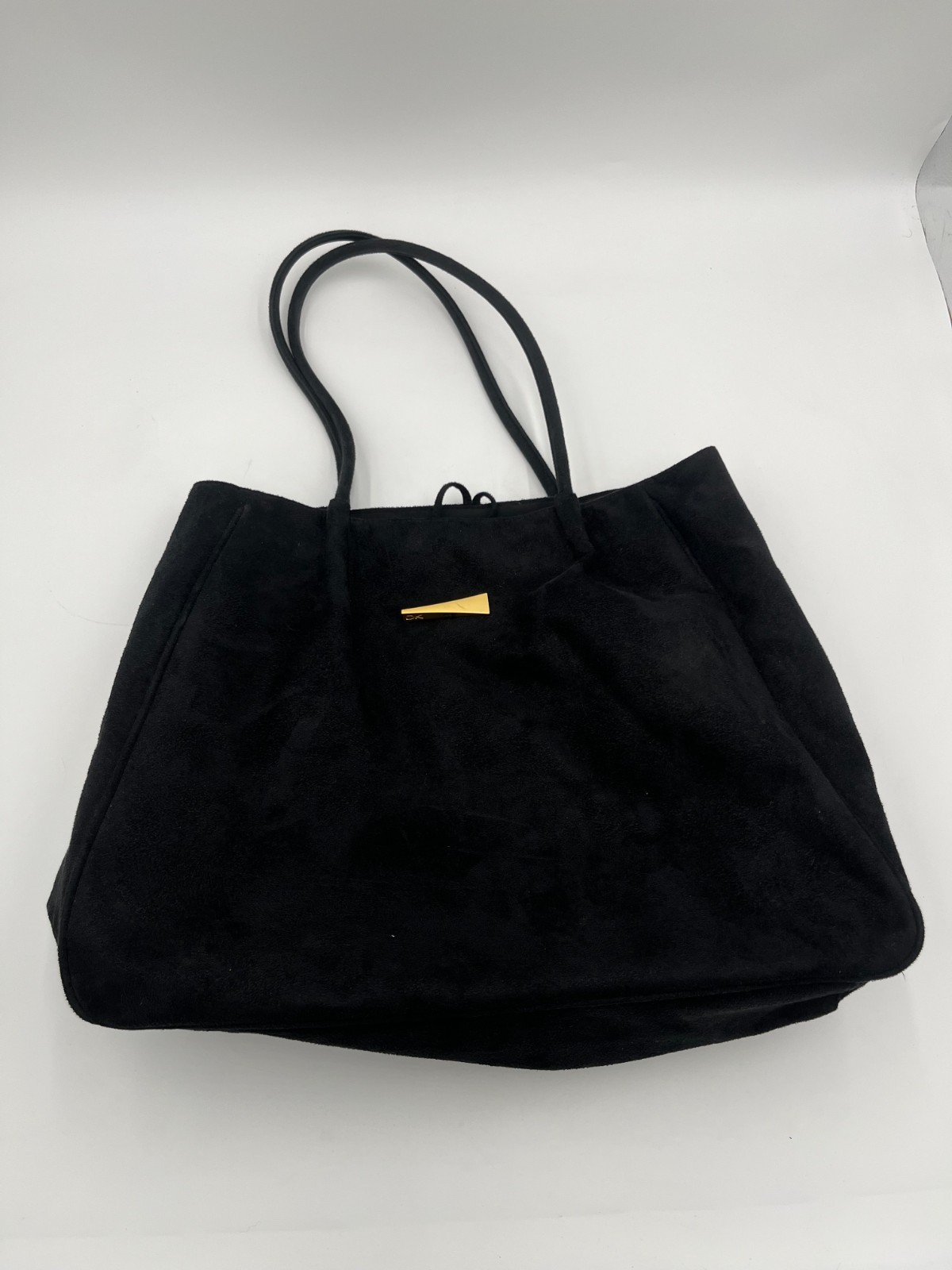 DKNY Black Suede Tote Bag Large Shoulder Handbag Gold Logo Women’s Purse