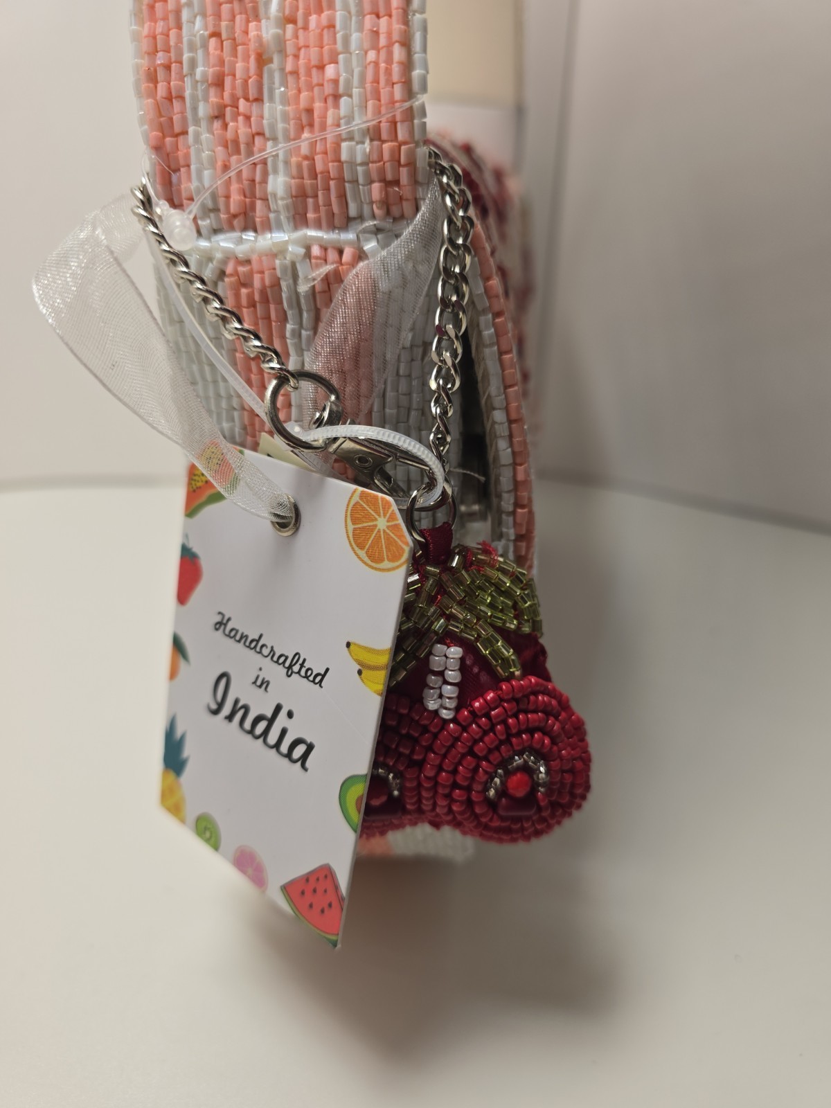 Viral TikTok Beaded Cherry Bag Pink White Stripe Handcrafted In India Marshalls