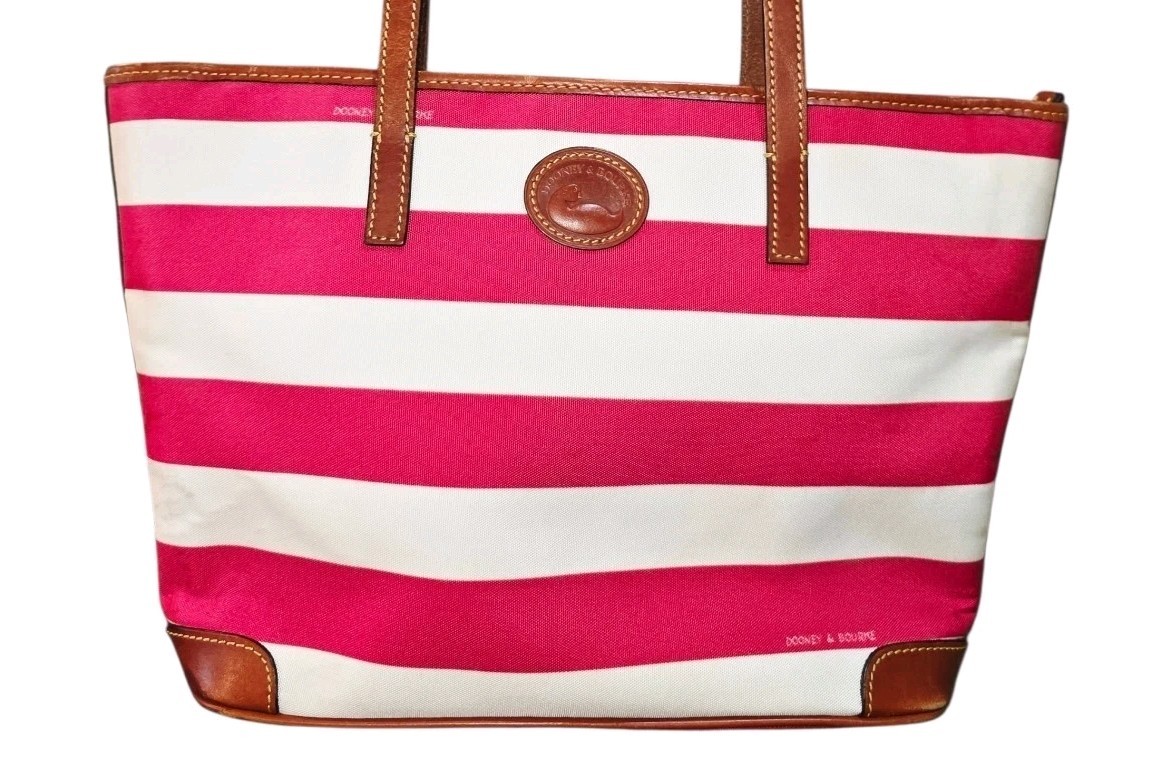 Dooney & Bourke Charleston Pink White Stripes Logo Zipper Top Shoulder Bag Purse