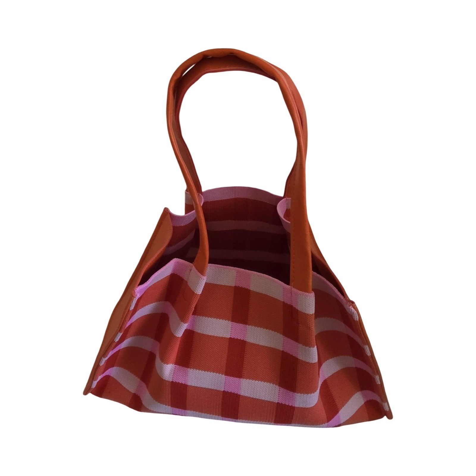 Neiman Marcus Gingham Knit Tote Bag Orange Pink Plaid Vegan Leather Trim New