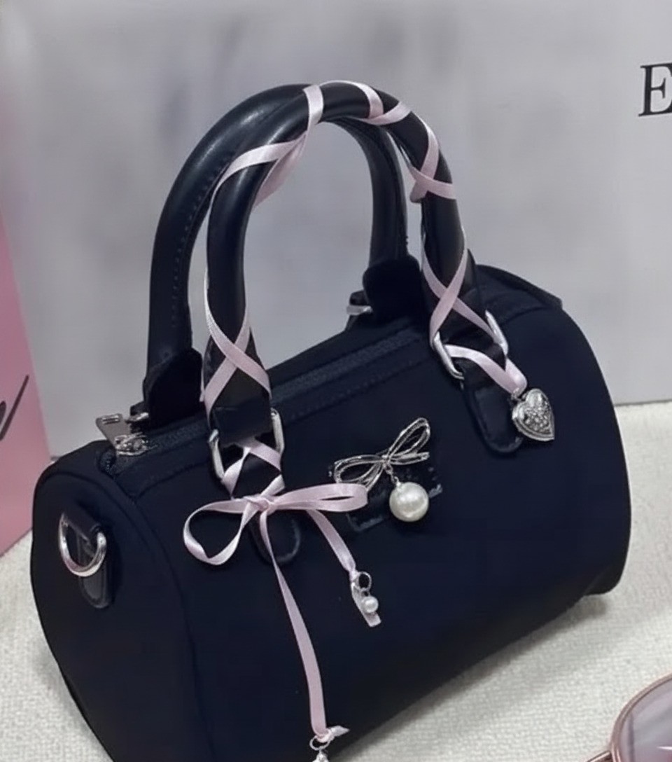 Chic Black Mini Barrel Bag with Pink Ribbon and Pearl Charm NWOT