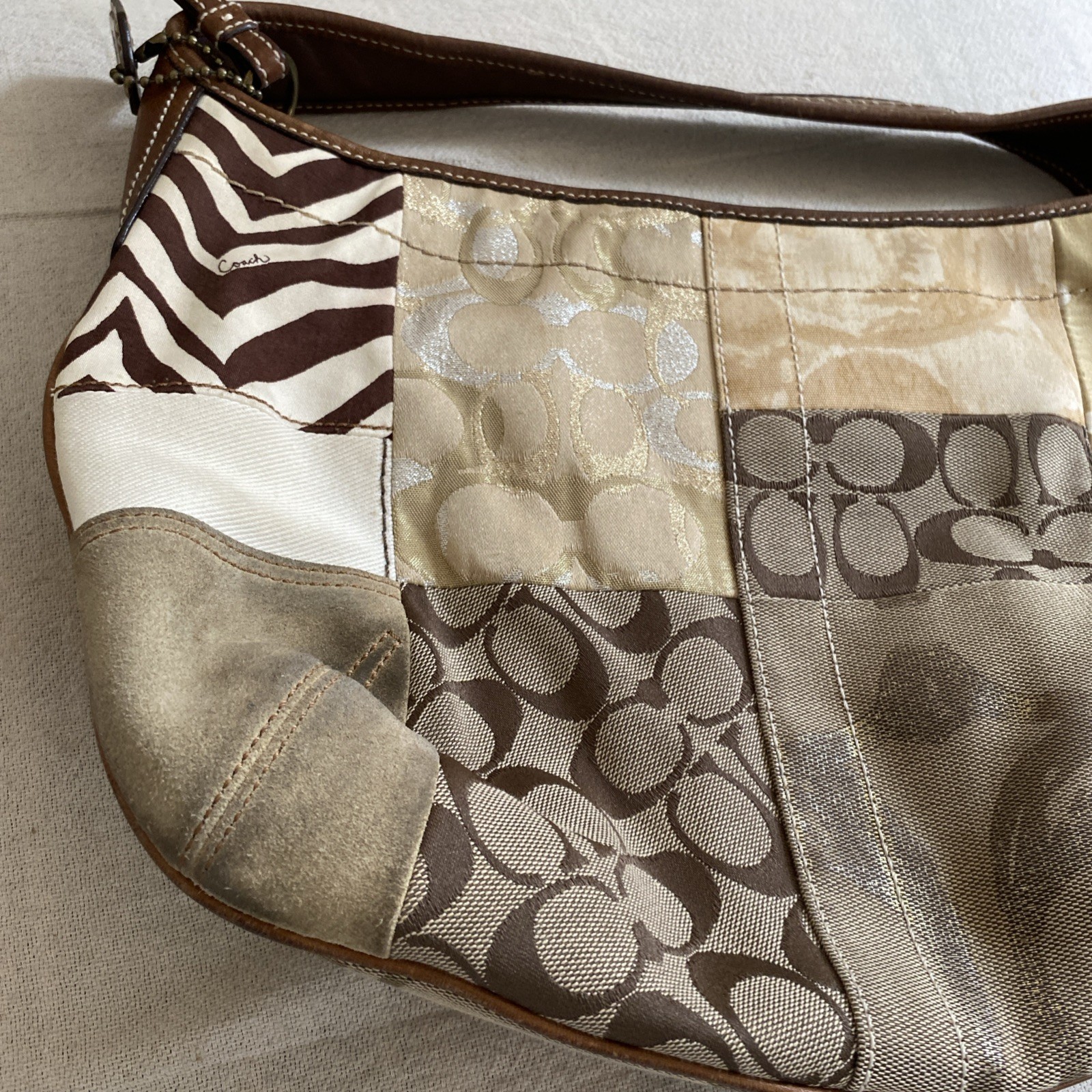 Coach Ergo Khaki Gold Browns Patchwork Medium Hobo Tiger Leopard & Classic “C”