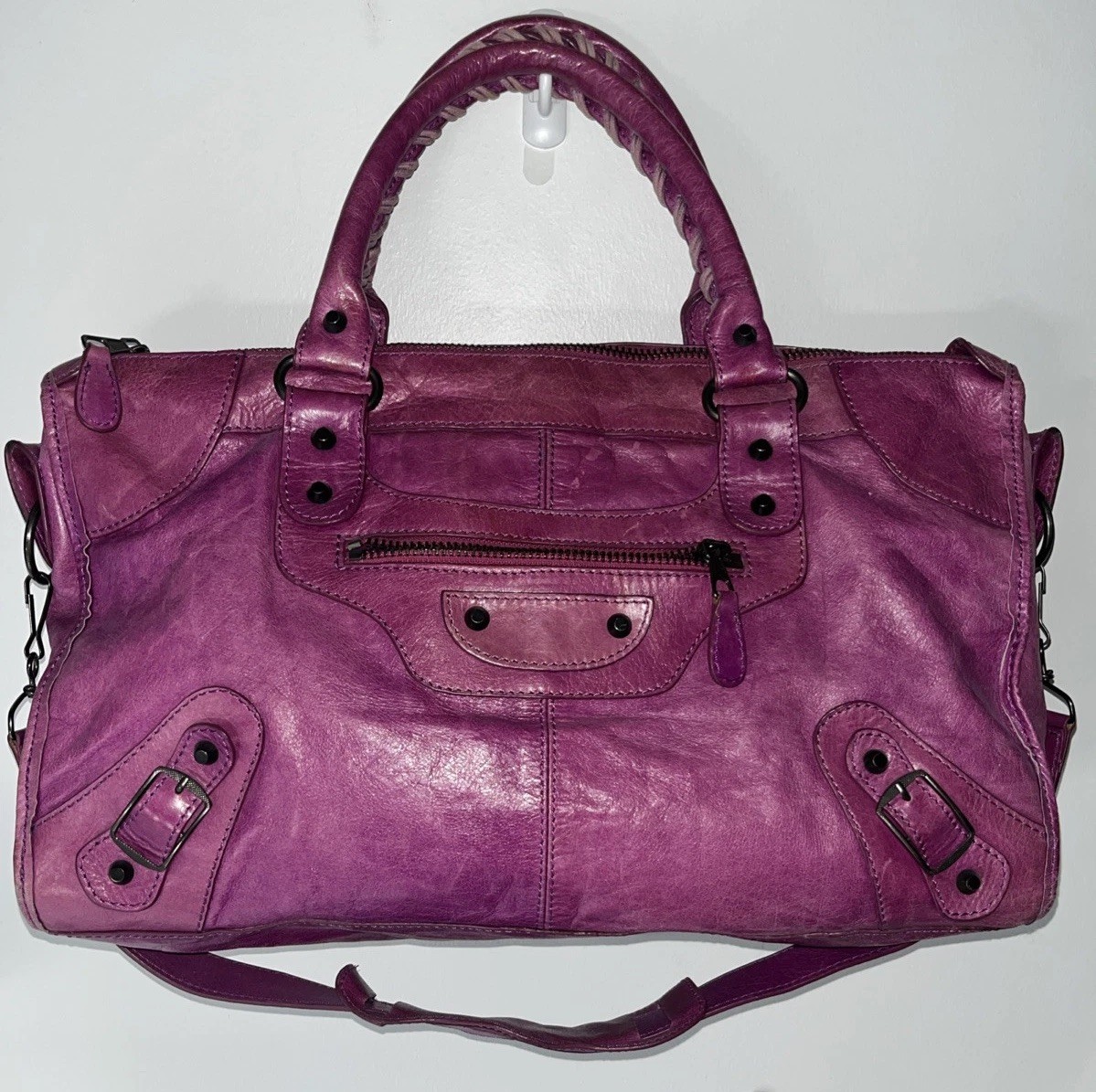 City Bag Fuchsia Pink Distressed Soft Leather The Giant Tote Moto Purse Size XL