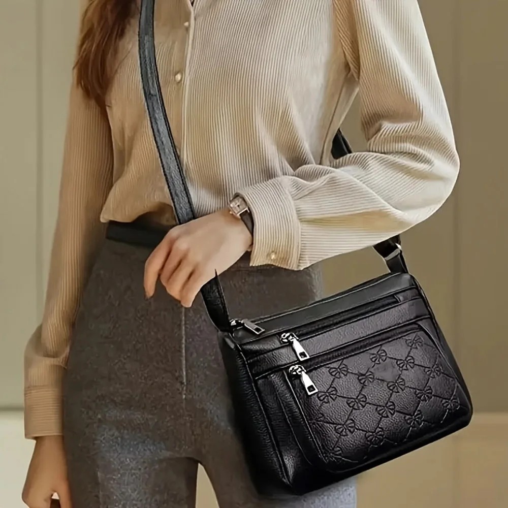 Women Crossbody Mom Bag PU Leather Large Capacity Multi-Pocket Shoulder Black