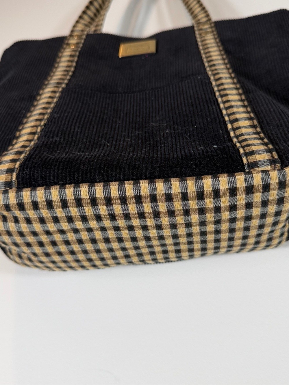 Longaberger Black Corduroy Tote with Tan Check Trim