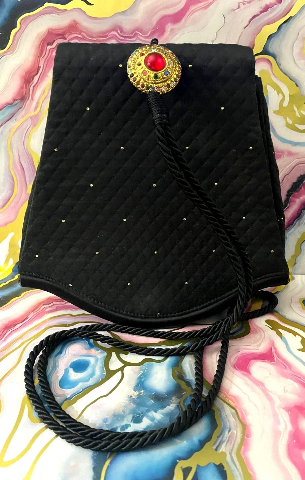 Margon Quilted Black Bag Purse W/ Gold Studs & Jewel On Strap Snap Closure 8.75″