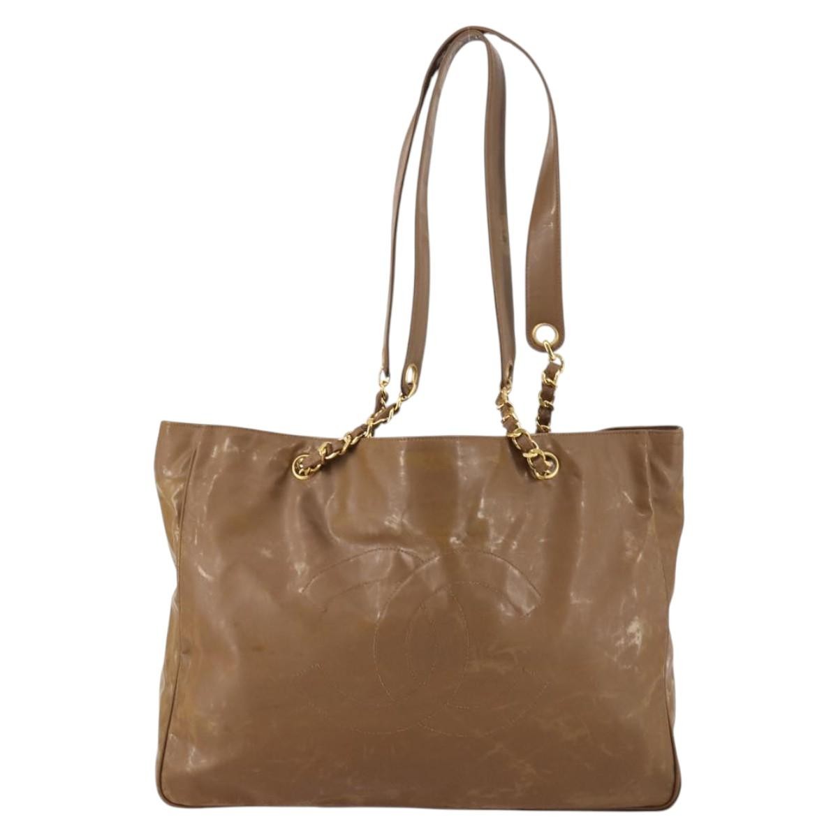 CHANEL Tote Bag Enamel Brown Gold CC Auth bs29208
