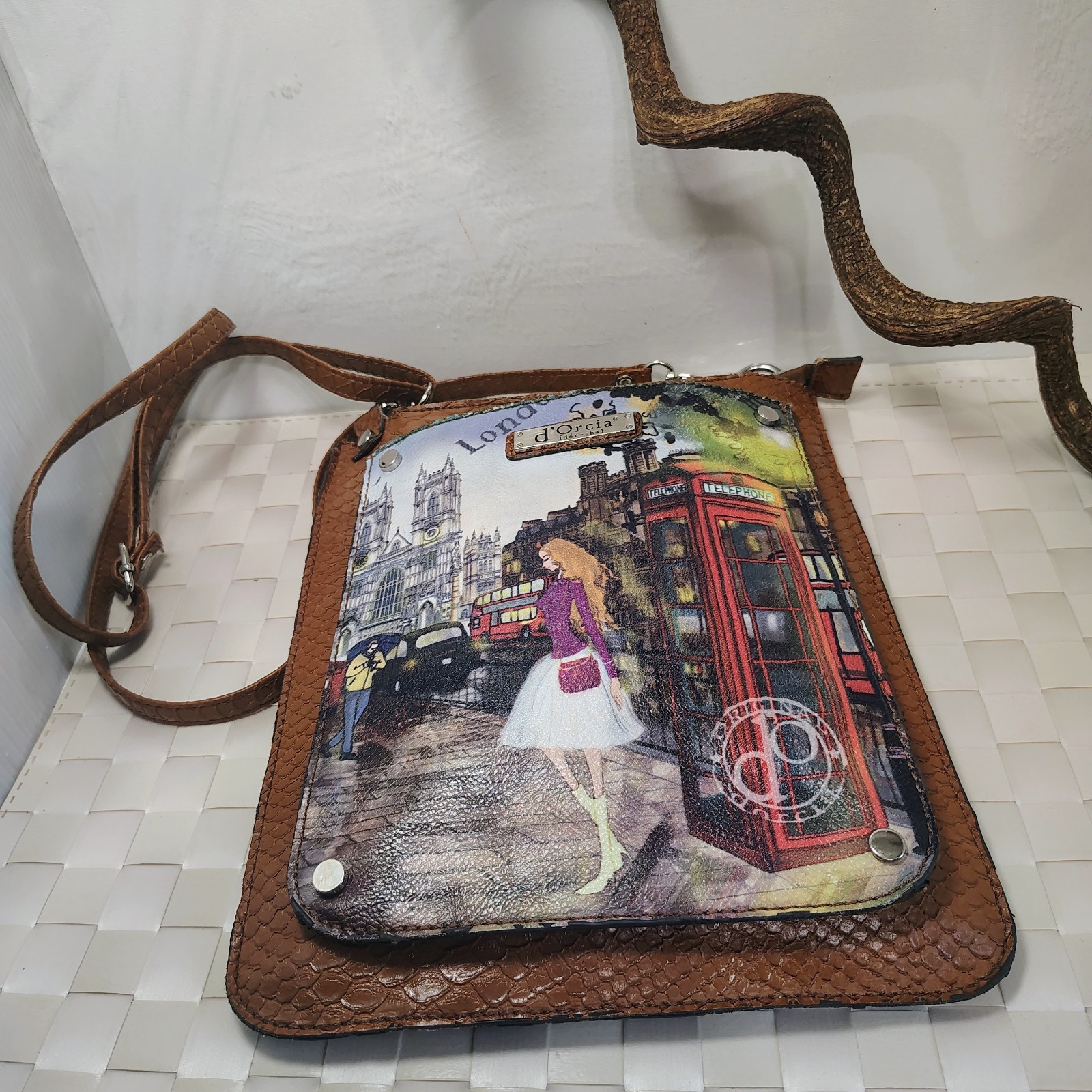 d’ Orcia London Telephone Booth Painting on Crossbody bag with Front Pocket