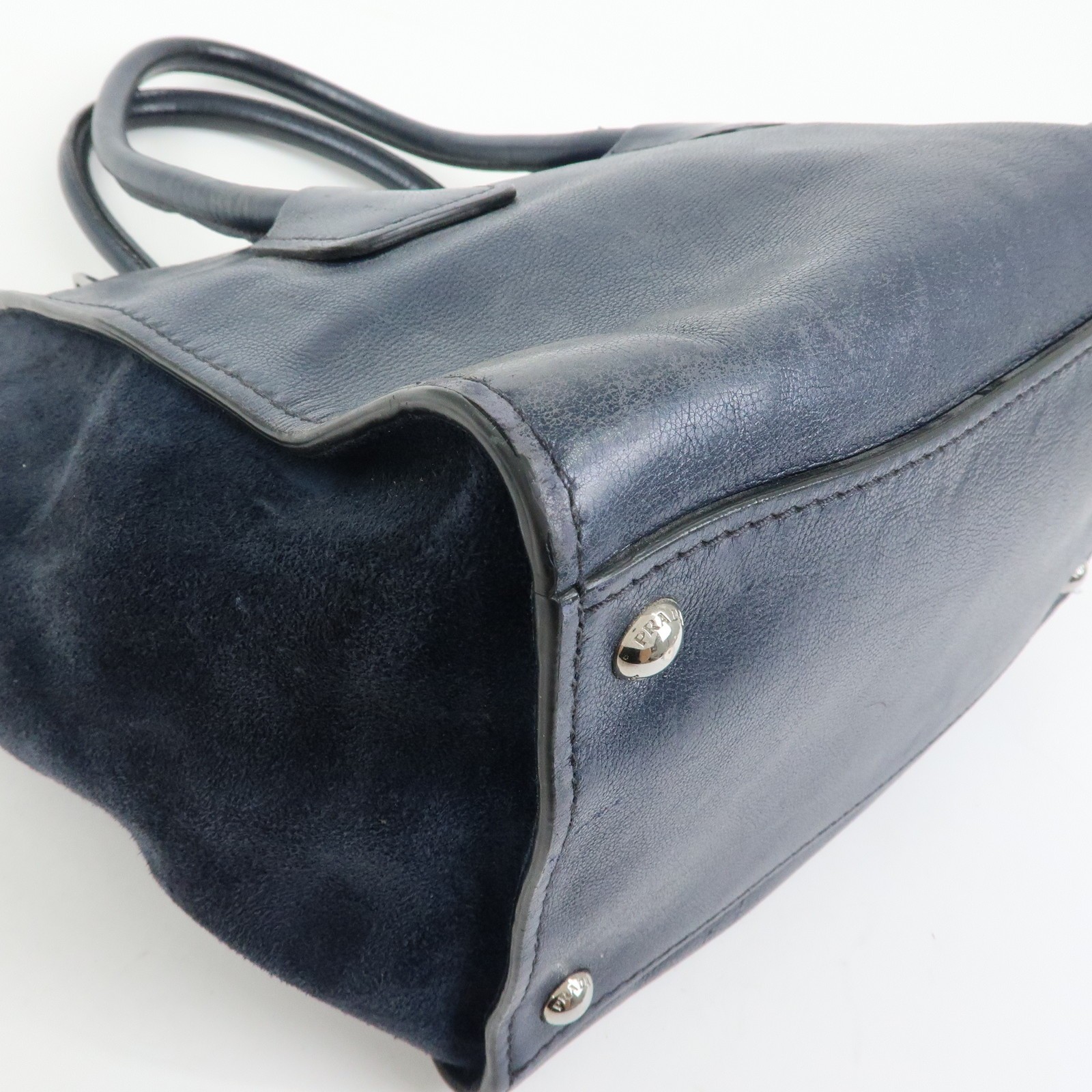 PRADA Triangle Logo Leather 2Way Bag Tote Bag Hand Bag Navy B2625M Auth Used F/S