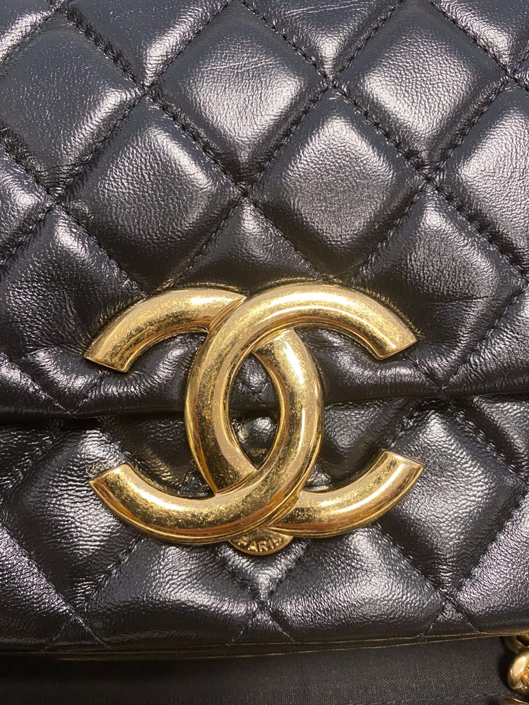 Authentic CHANEL 23P Mini Flap Black Leather Bag Maxi Distressed Gold CC