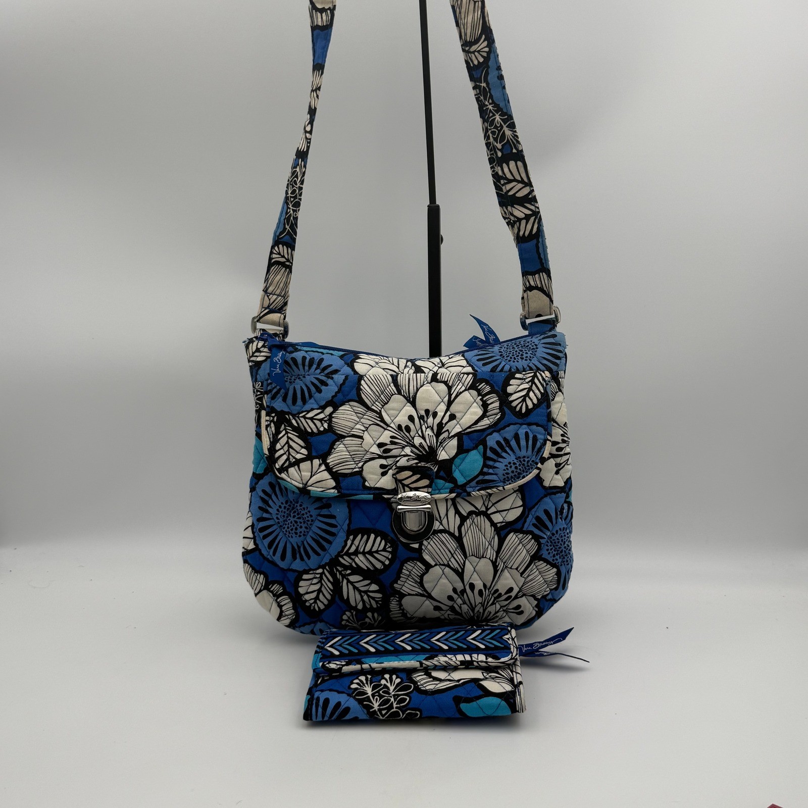 Vera Bradley Indigo Pop Floral Quilted Crossbody Bag and Trifold Wallet Set Blue