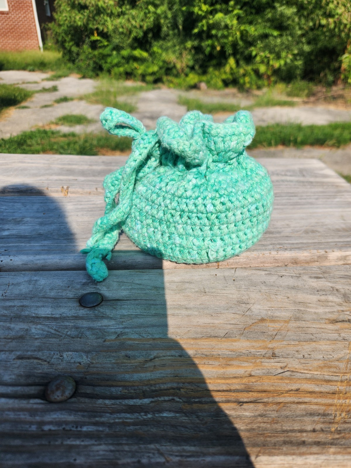 Handmade Green Crochet Drawstring Pouch Bucket Bag, Small Round Wrist Strap