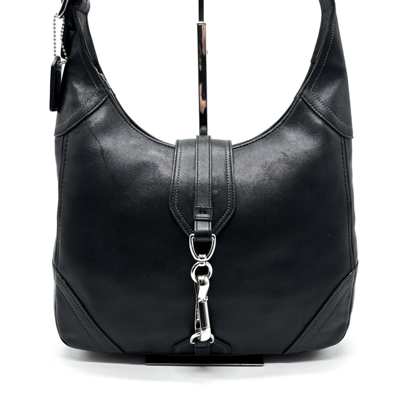 Coach Y2K Black Leather Hobo Shoulder Bag Silver Hardware Unisex 11.8in