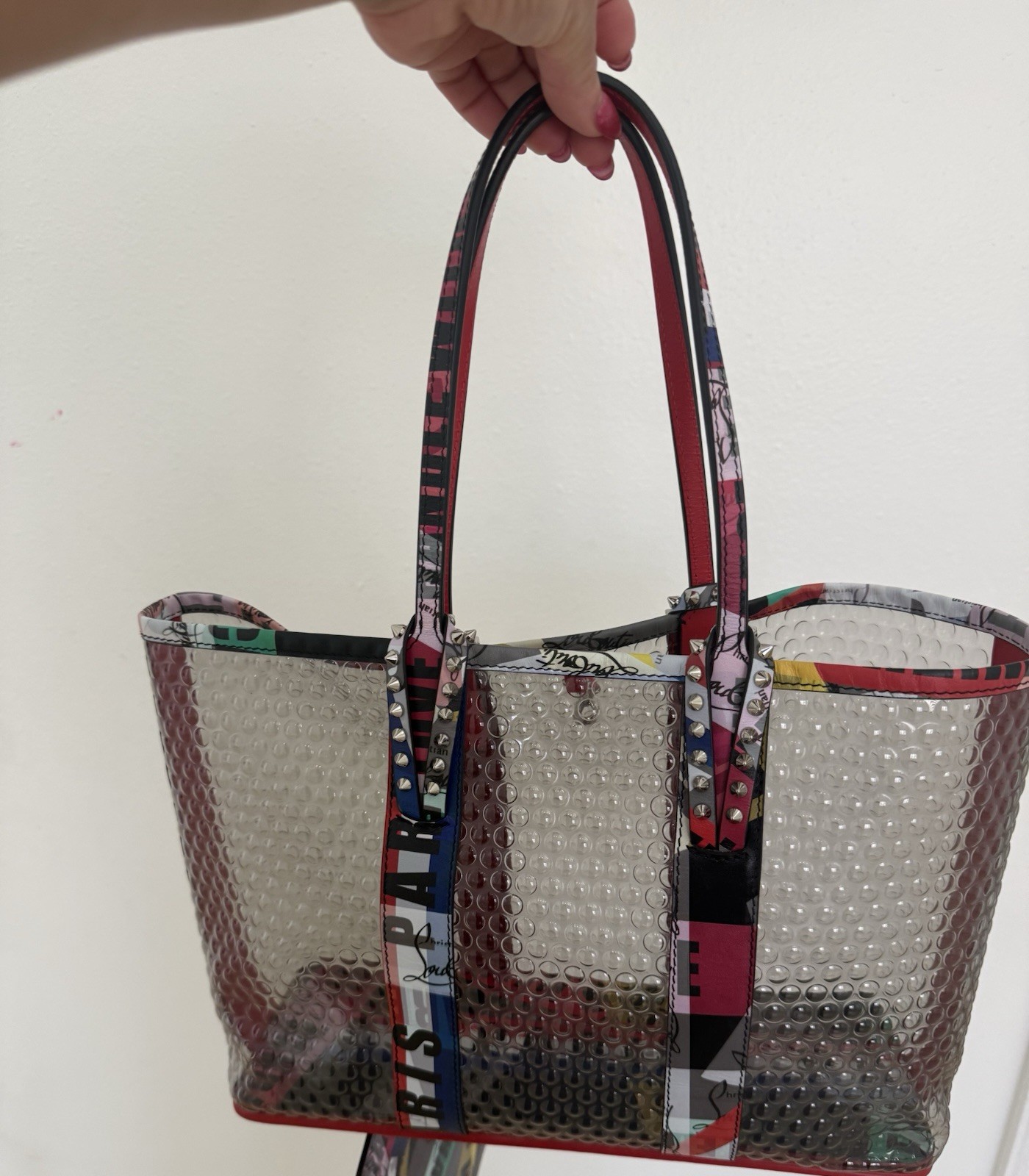 Christian Louboutin Cabata Small Clear Multicolor Studded Tote w/ Pouch Dust Bag