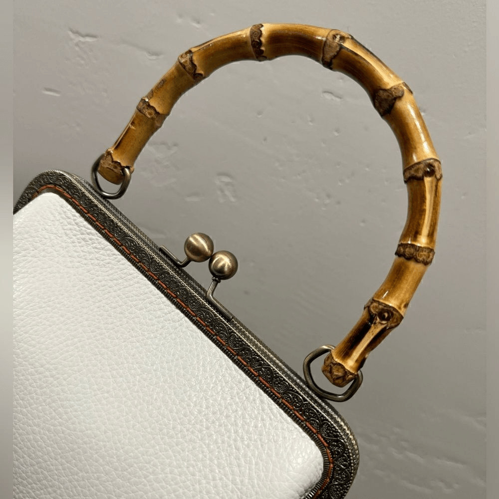 Handsewn Genuine Pebble Leather, Retro Style Kisslock & Bamboo Handle Bag Set