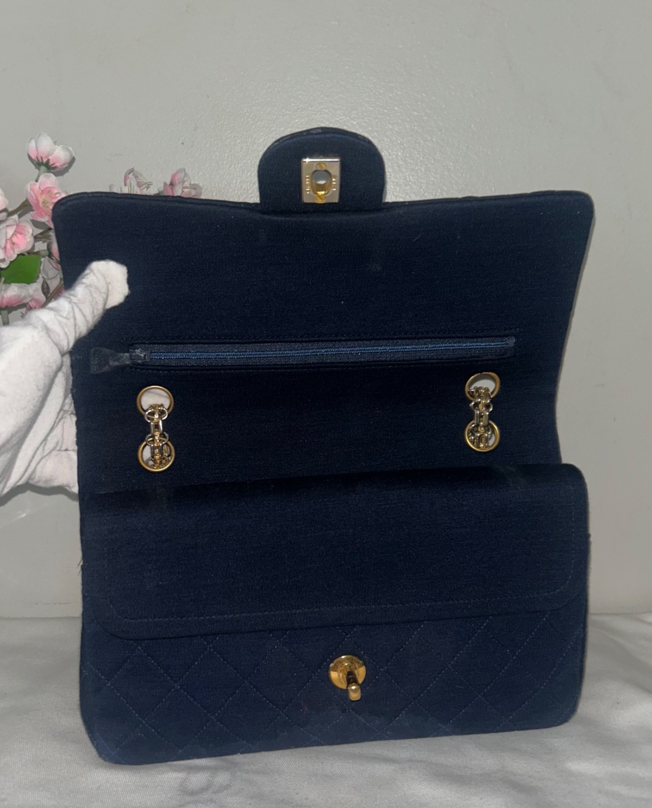 CHANEL Vintage Medium Classic Double Flap Jersey Quilted Handbag Navy / 24K Gold