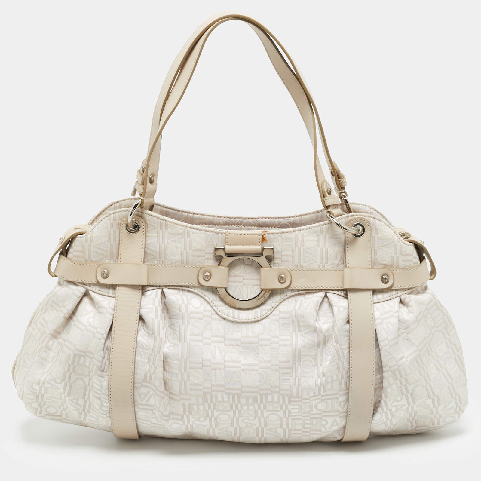 Salvatore Ferragamo Beige Logo Jacquard Fabric and Leather Shoulder Bag