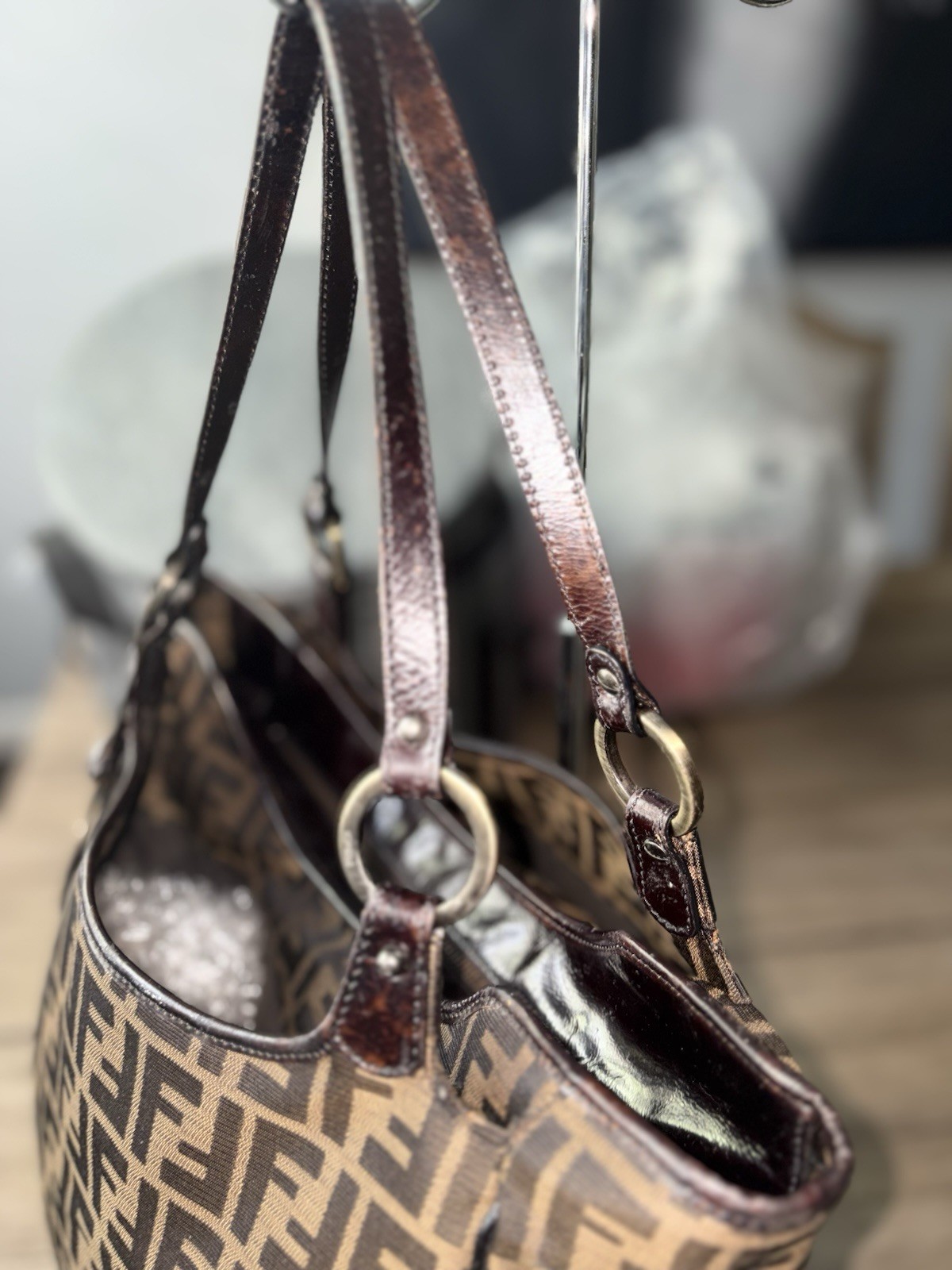 Fendi Zucca FF Monogram Brown Beige Zip Chef’s Tote w/ Charm, Pockets