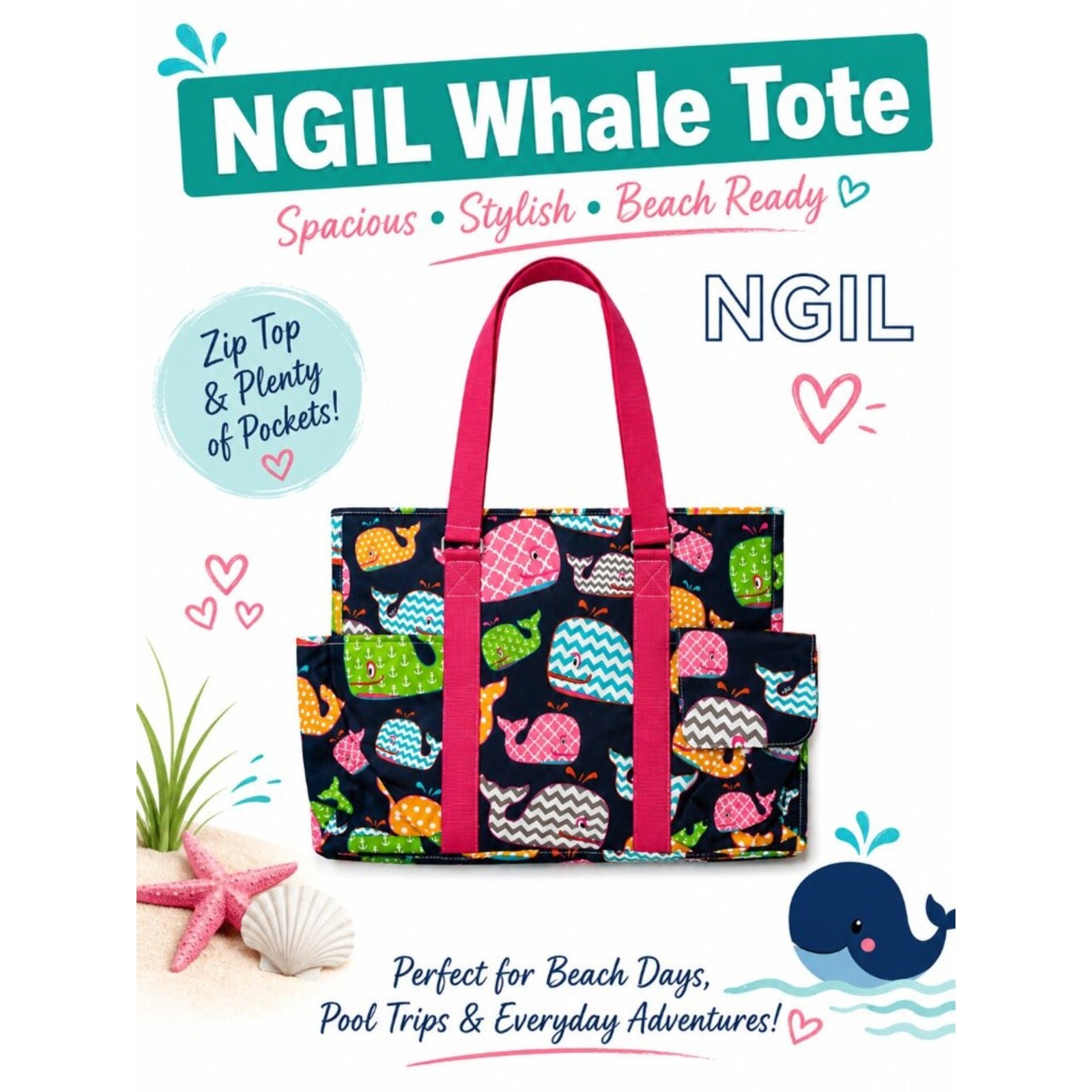 🐳 NGIL Whale Beach Tote Bag ⭐ 5 Star Rating NGIL ⭐ Zip Top w/ Multiple Pockets