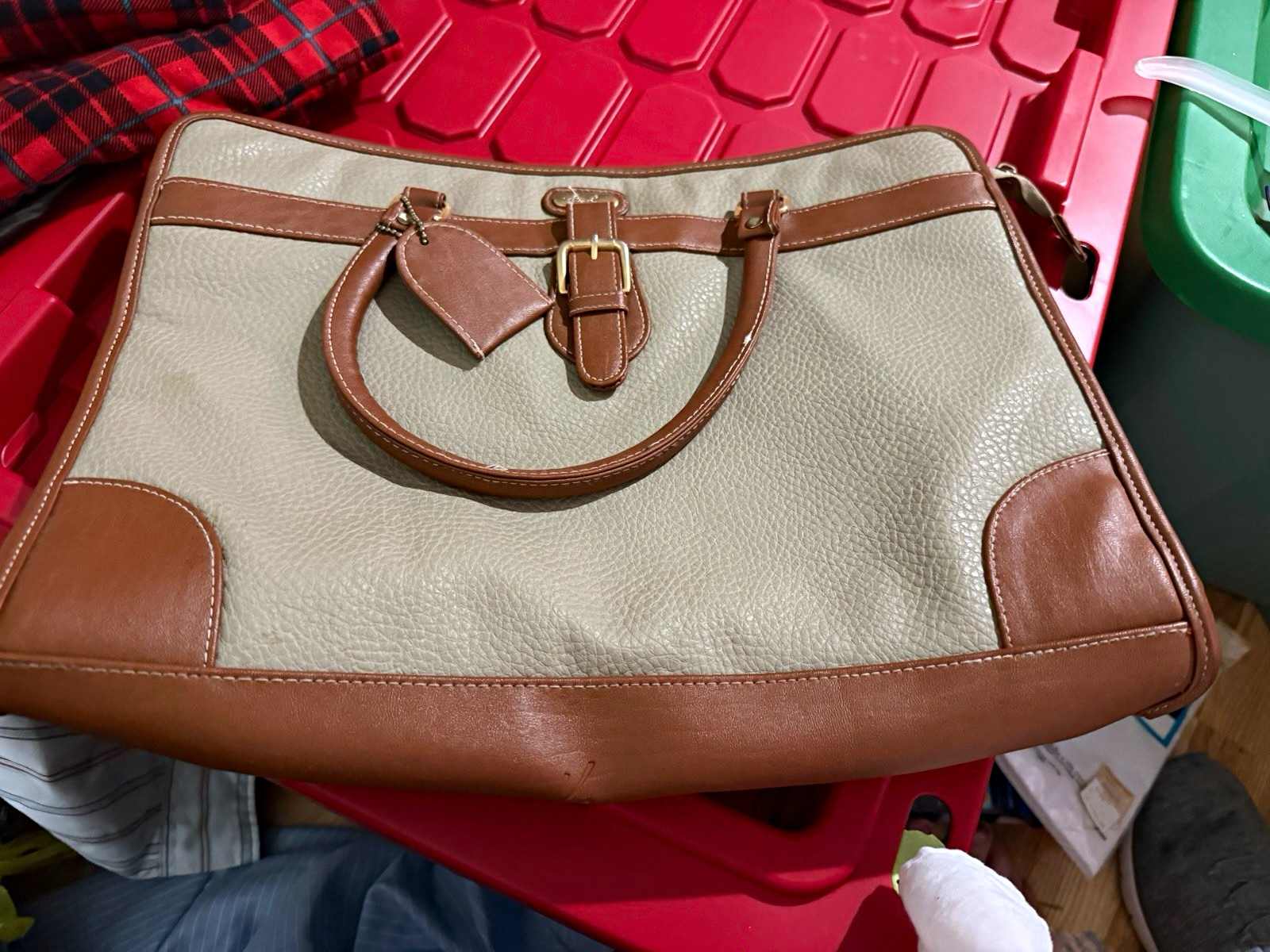 Kathy Lee Beige Brown Medium Satchel Top Handle Buckle Gold Hardware Charm