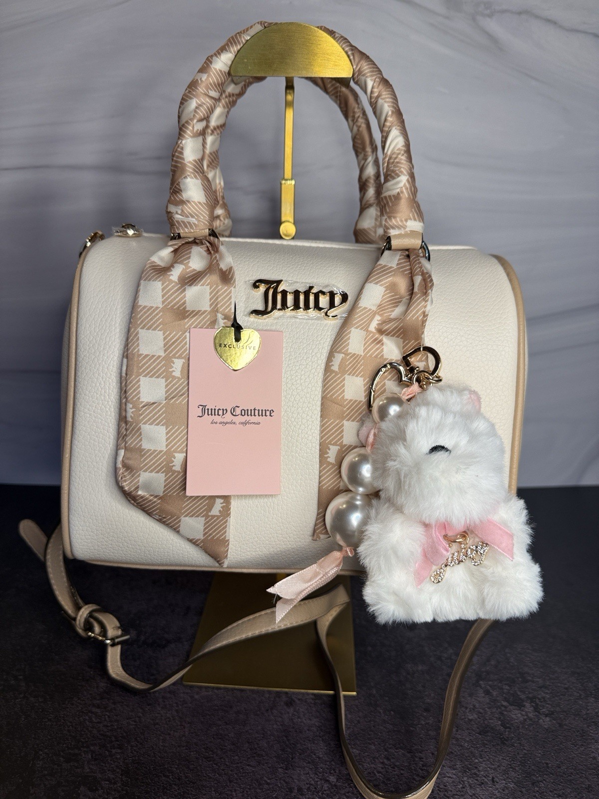 NWT Juicy Couture Forever Fab Scarf Satchel Soft White Scottie Dog Charm