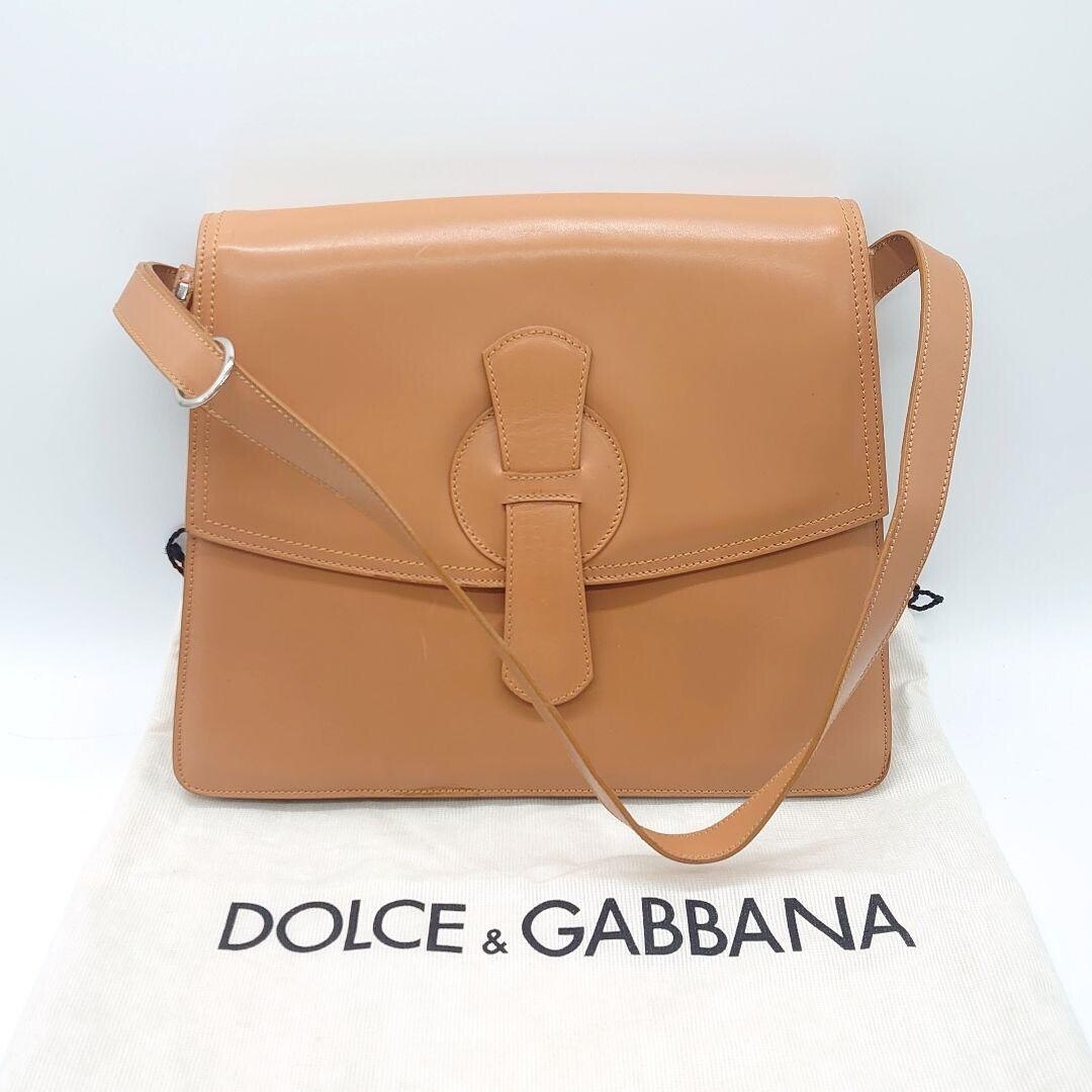 DOLCE&GABBANA Beige Leather Shoulder Bag Women Magnetic Snap Dust Bag 29.5cm