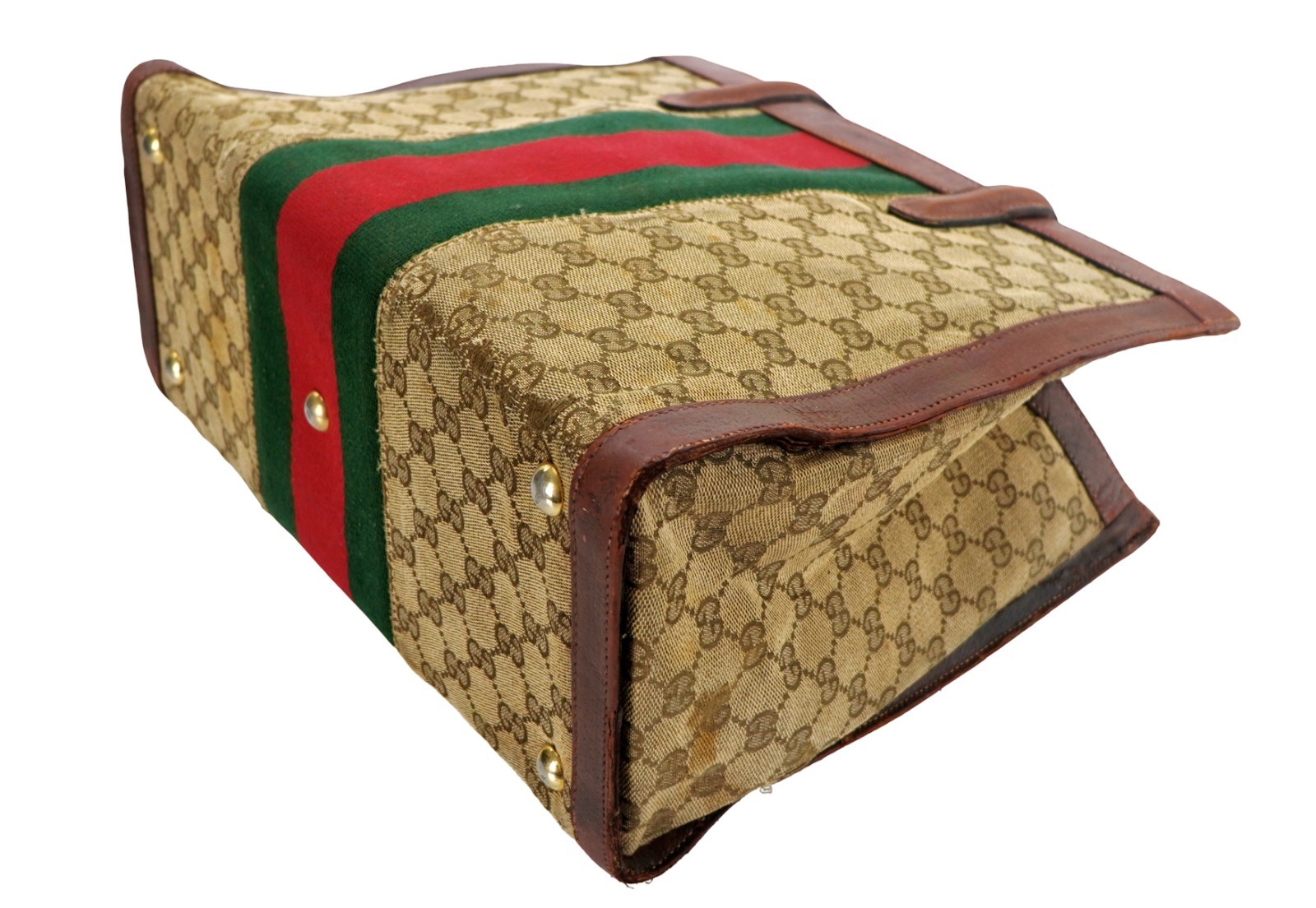 Vintage GUCCI Web GG Monogram Canvas Leather Square Shopper Tote Bag Italy