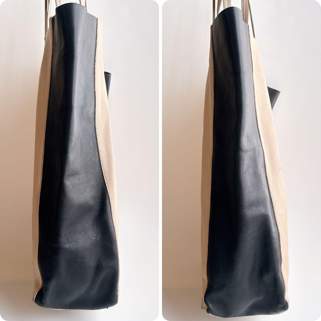 CELINE Horizontal Cabas Tote Bag Beige Black Bicolor Leather Women w/Dust Bag