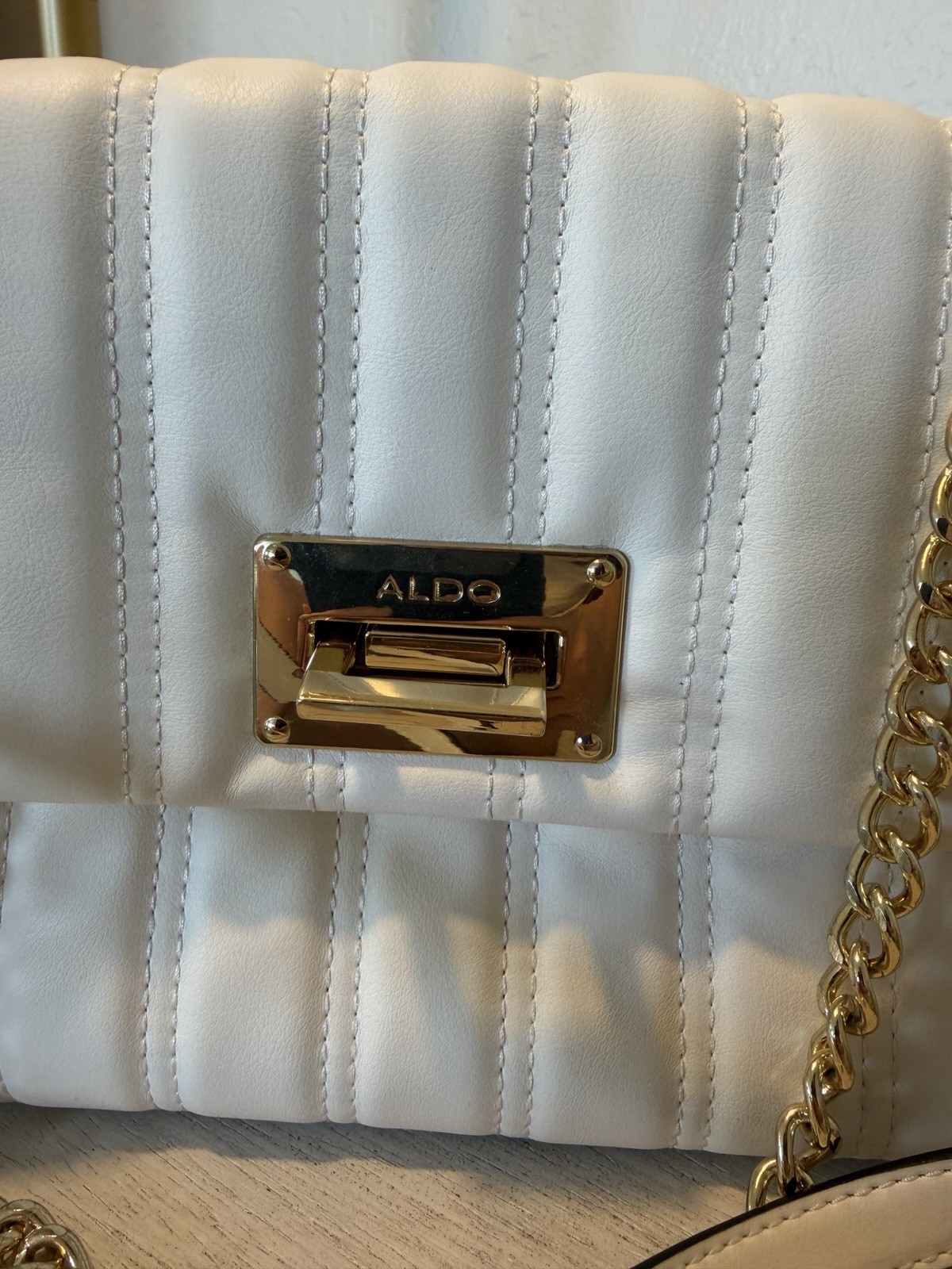 ALDO White Quilted Medium Crossbody Bag Gold Chain Strap Turn Lock Inner Pockets