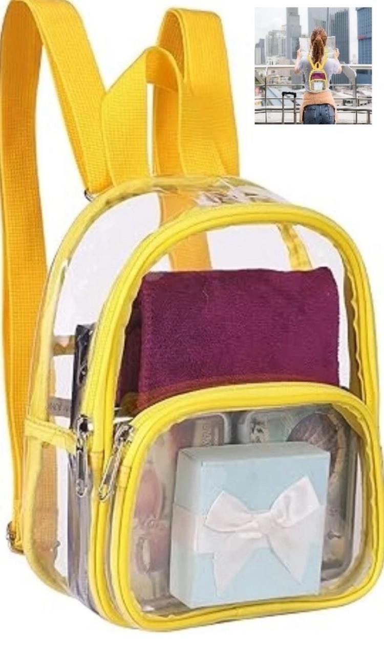 Clear PVC Mini Backpack Stadium Approved Yellow Trim Zip Closure Women