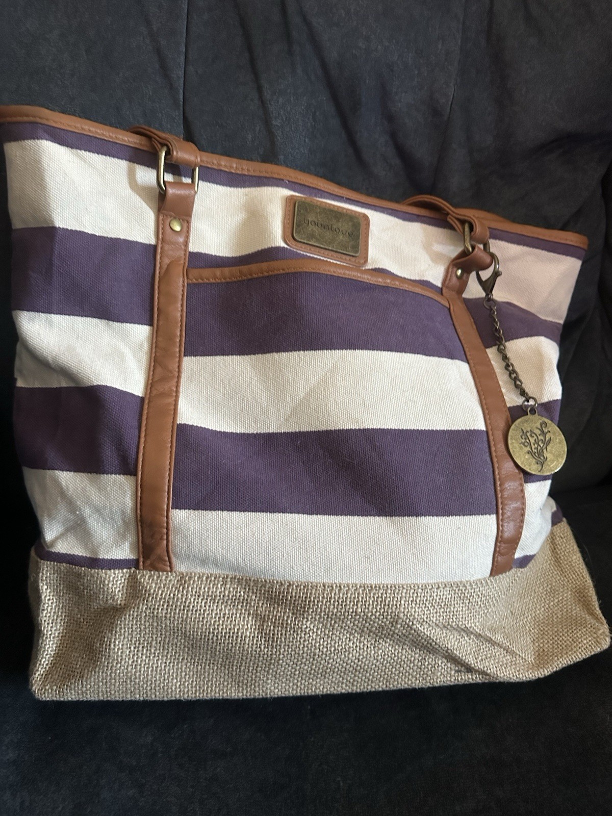 Younique Purple & Cream Canvas Tote Beach Bag Faux Leather Double Handle Straps
