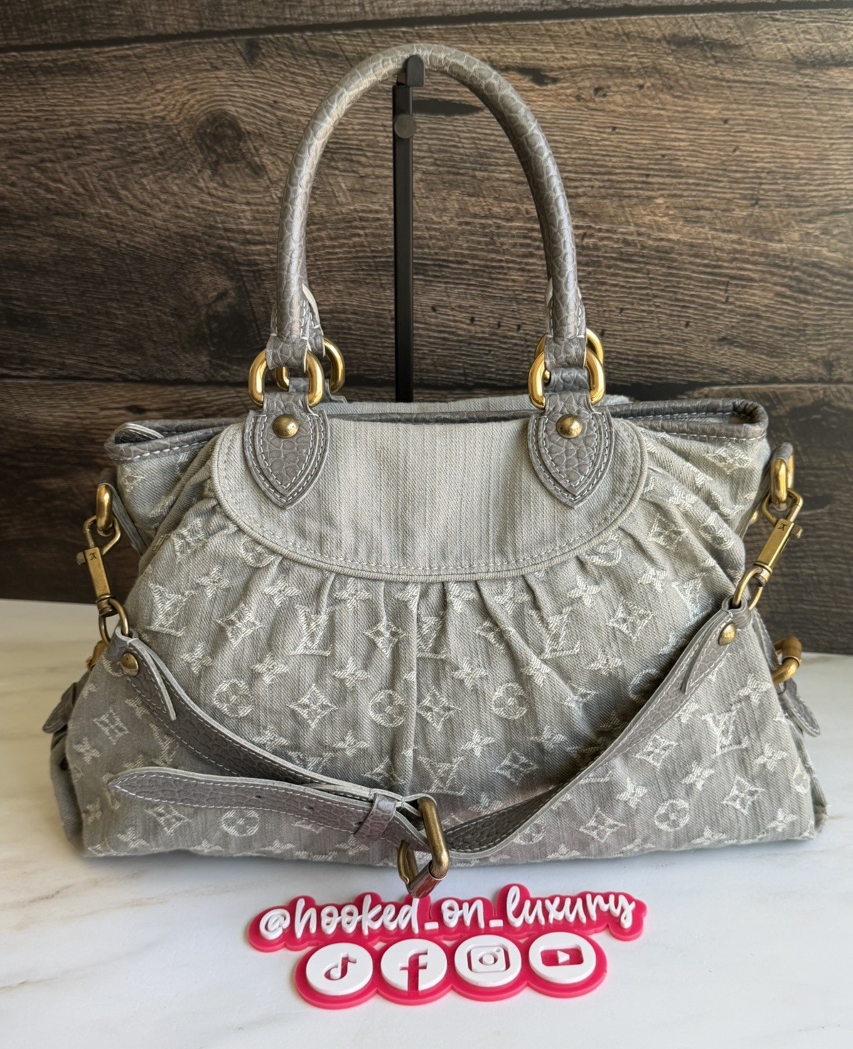 Authentic Louis Vuitton Neo Cabby Gray Denim Two Way Wear Shoulder Tote Handbag
