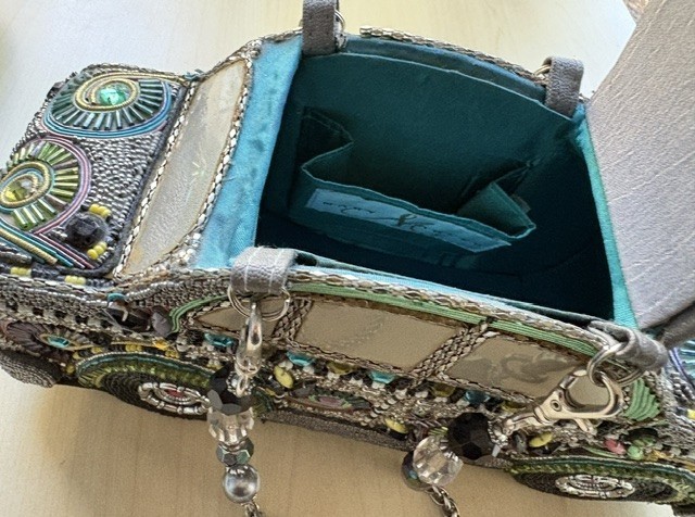 Mary Frances ROAD TRIP CAR AUTO HANDBAG Leather Top Handle Bag Silver Gray/Multi