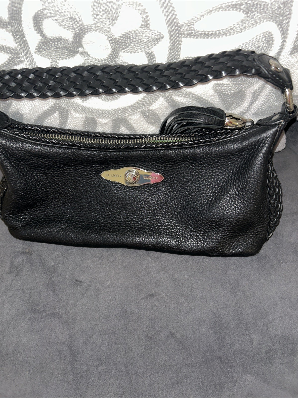 Elliott Lucca Black Pebbled Leather Braided Strap Tassel Baguette Bag PURSE