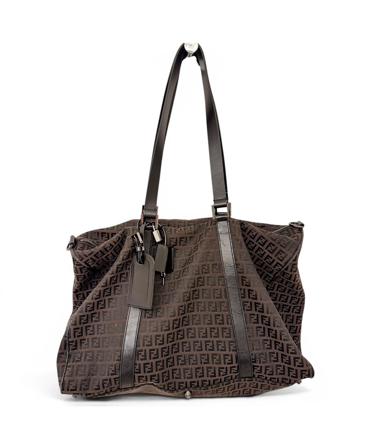 Fendi Zucca Brown Shoulder Bag Zip Closure Padlock Silver Hardware Inner Pockets