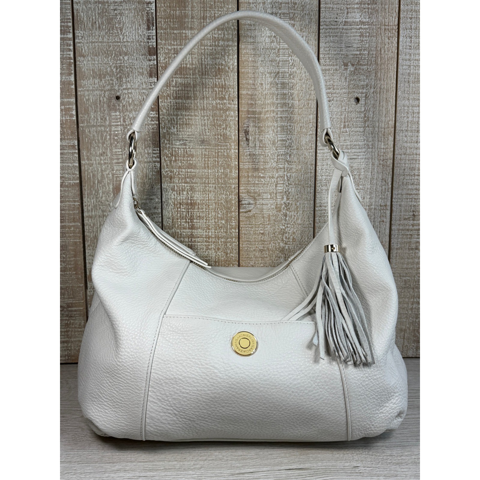 Isaac Mizrahi Womens Hobo Bag White Pebbled Leather Tassel Shoulder Purse 1544