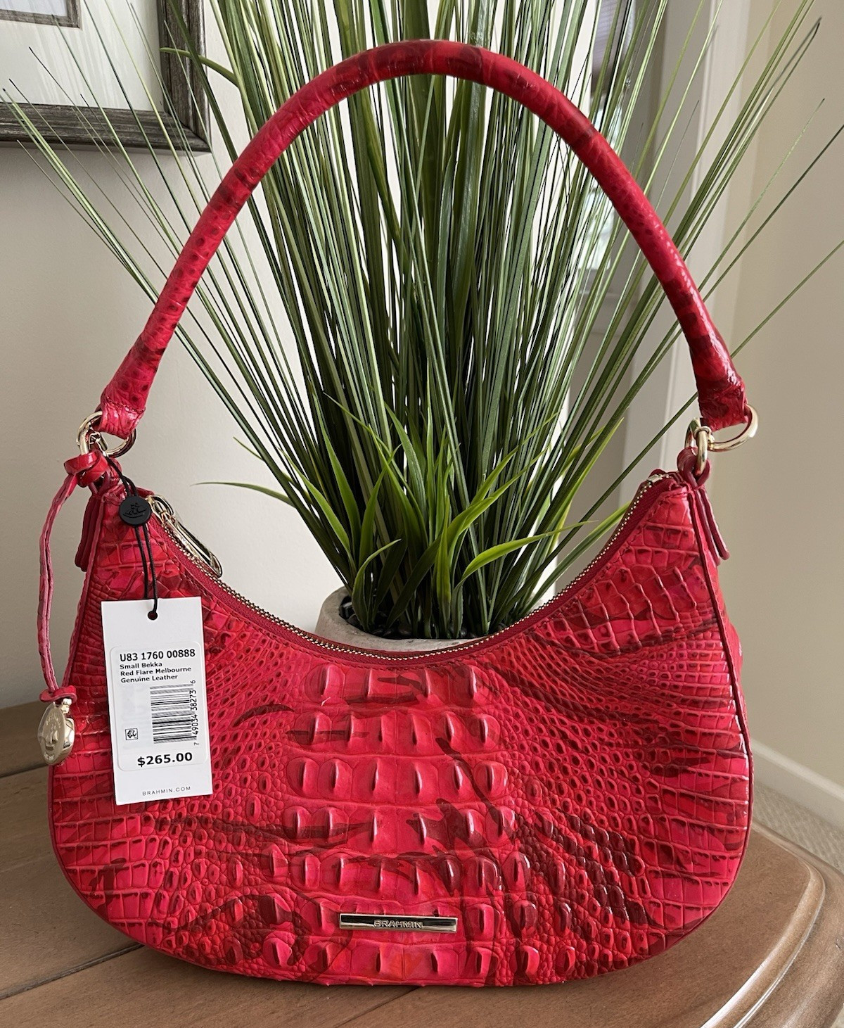 Brahmin Small Red Croc Embossed Zip Top Shoulder Hobo Bag Gold Hardware