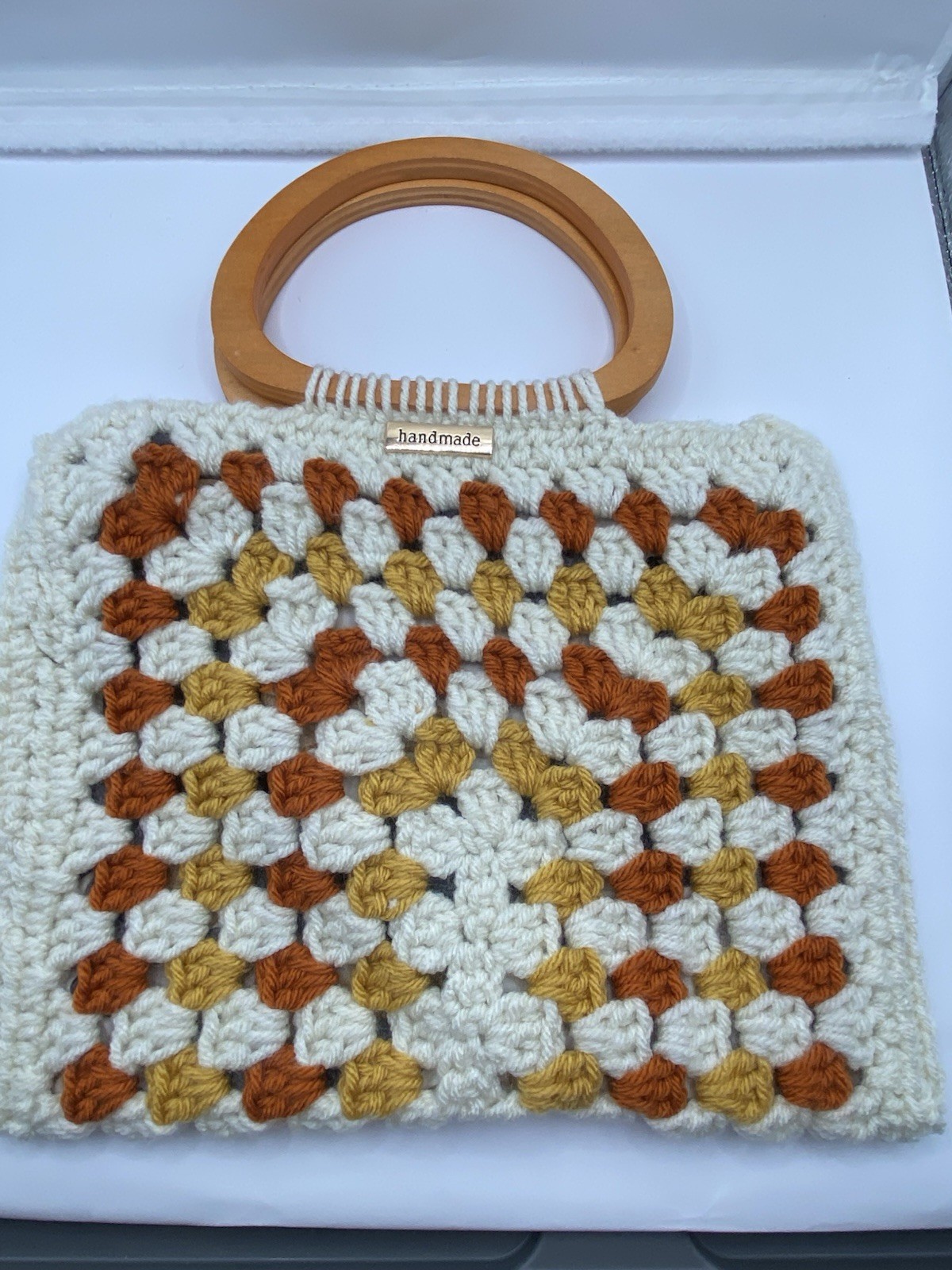 Crochet Handbag, Off White, Mustard And Ginger Acrylic Yarn. Med Size.