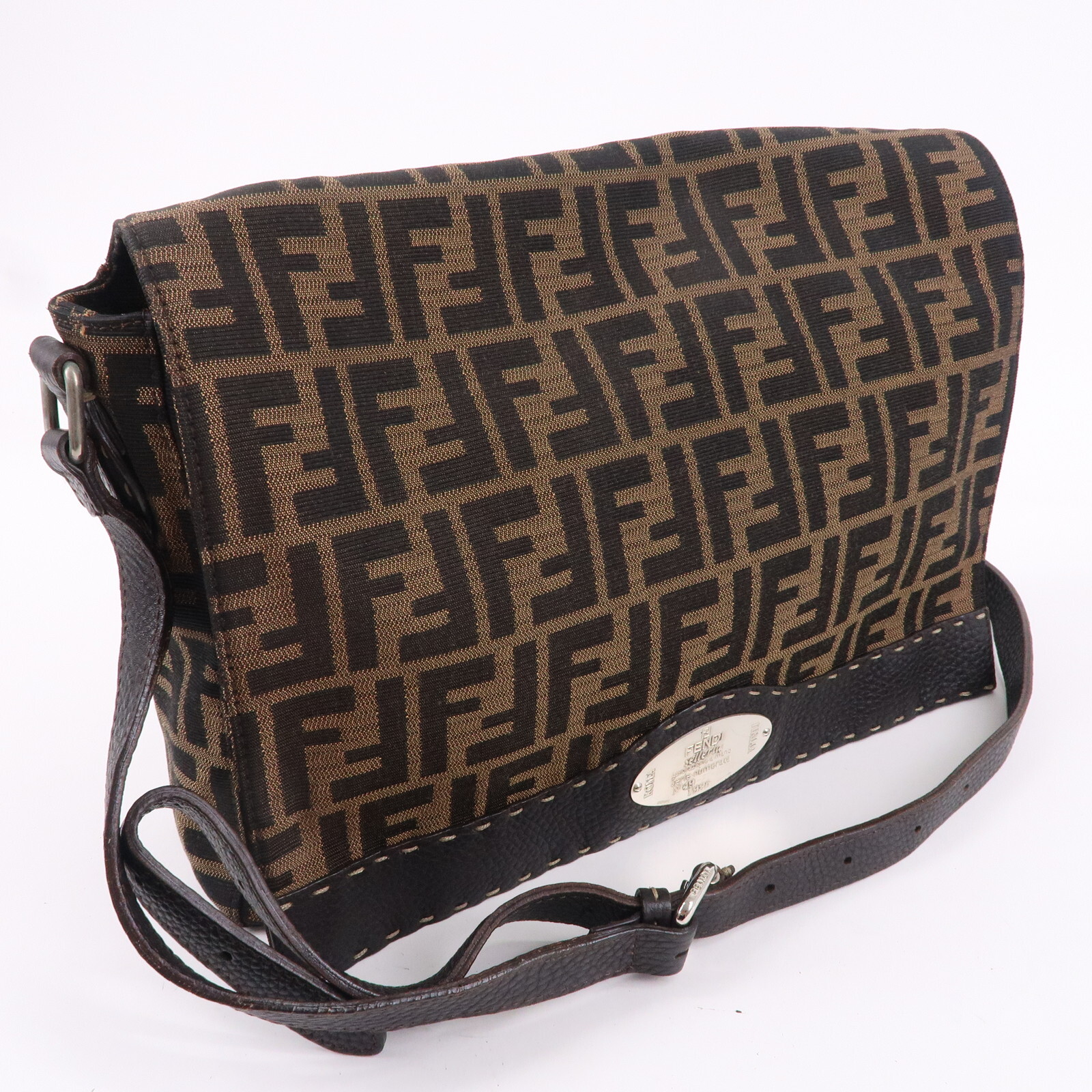 FENDI Zucca Selleria Shoulder Bag Brown Canvas Leather 8BT116 Auth Used